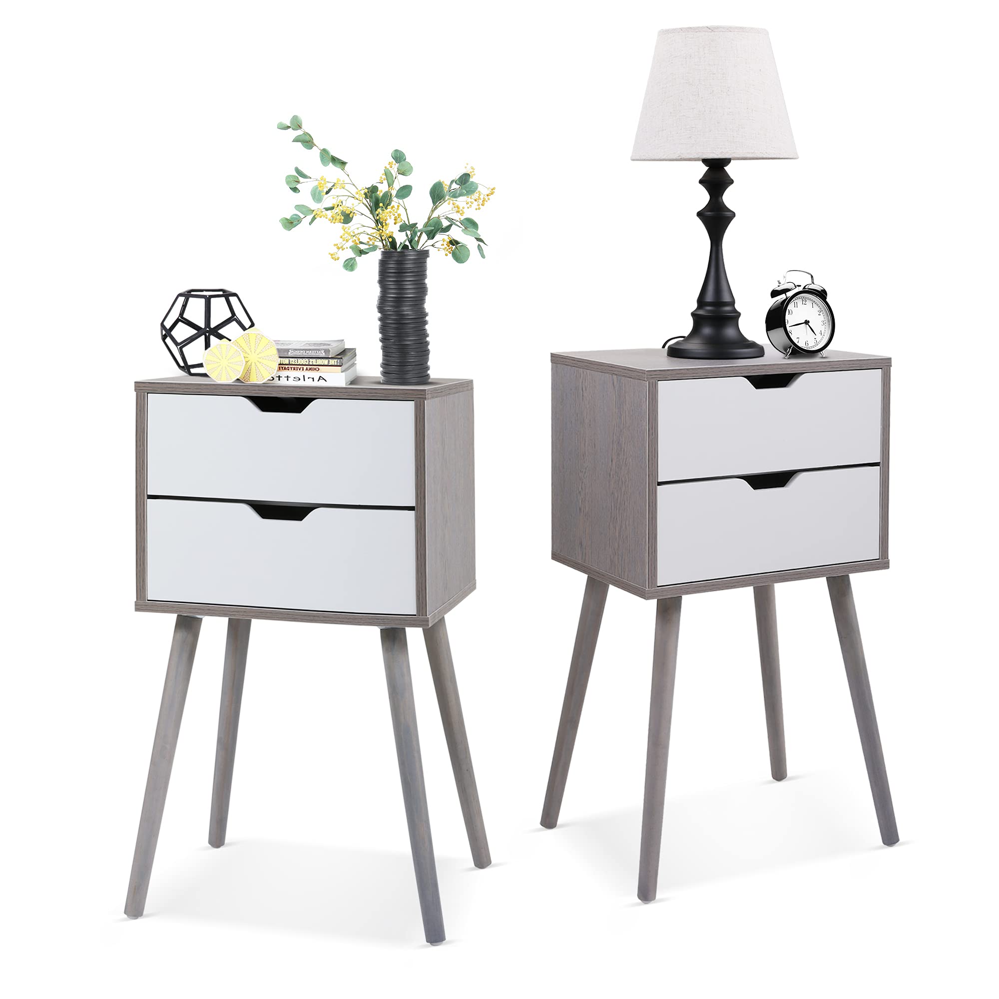 2-Piece Wooden Nightstand Set with Storage Drawer & Solid Wood Legs - Modern Tall End Table for Bedroom, Living Room - Grey & White Home Furniture - Perfect for Small Spaces, Apartment Decor & Guest Room Essentials