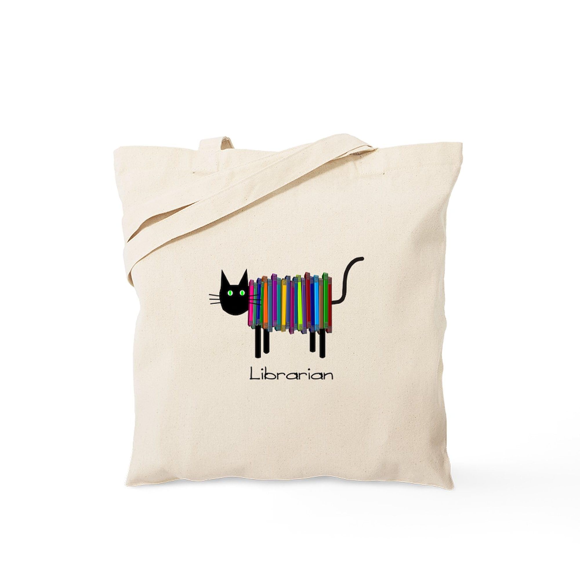 Librarian Book Cat Tote Bag - Natural Canvas Reusable Shopping Bag for Book Lovers, Library Visits & Grocery Trips