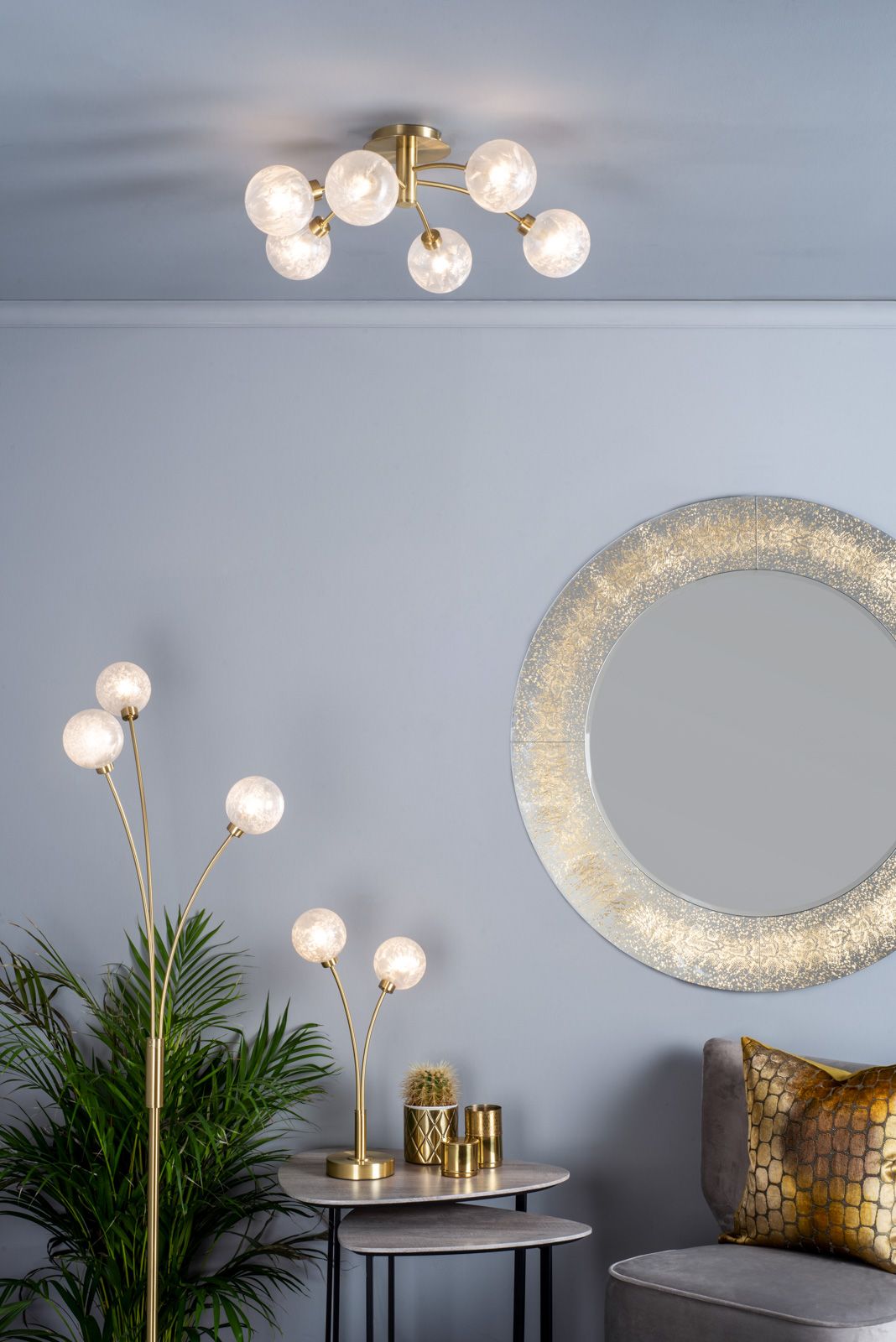 Avari 6Lt Semi Flush Ceiling Light Fixture - Satin Nickel Finish with Frosted Glass Shade, IP20 Rated - Perfect for Bedroom, Living Room, and Hallway Lighting