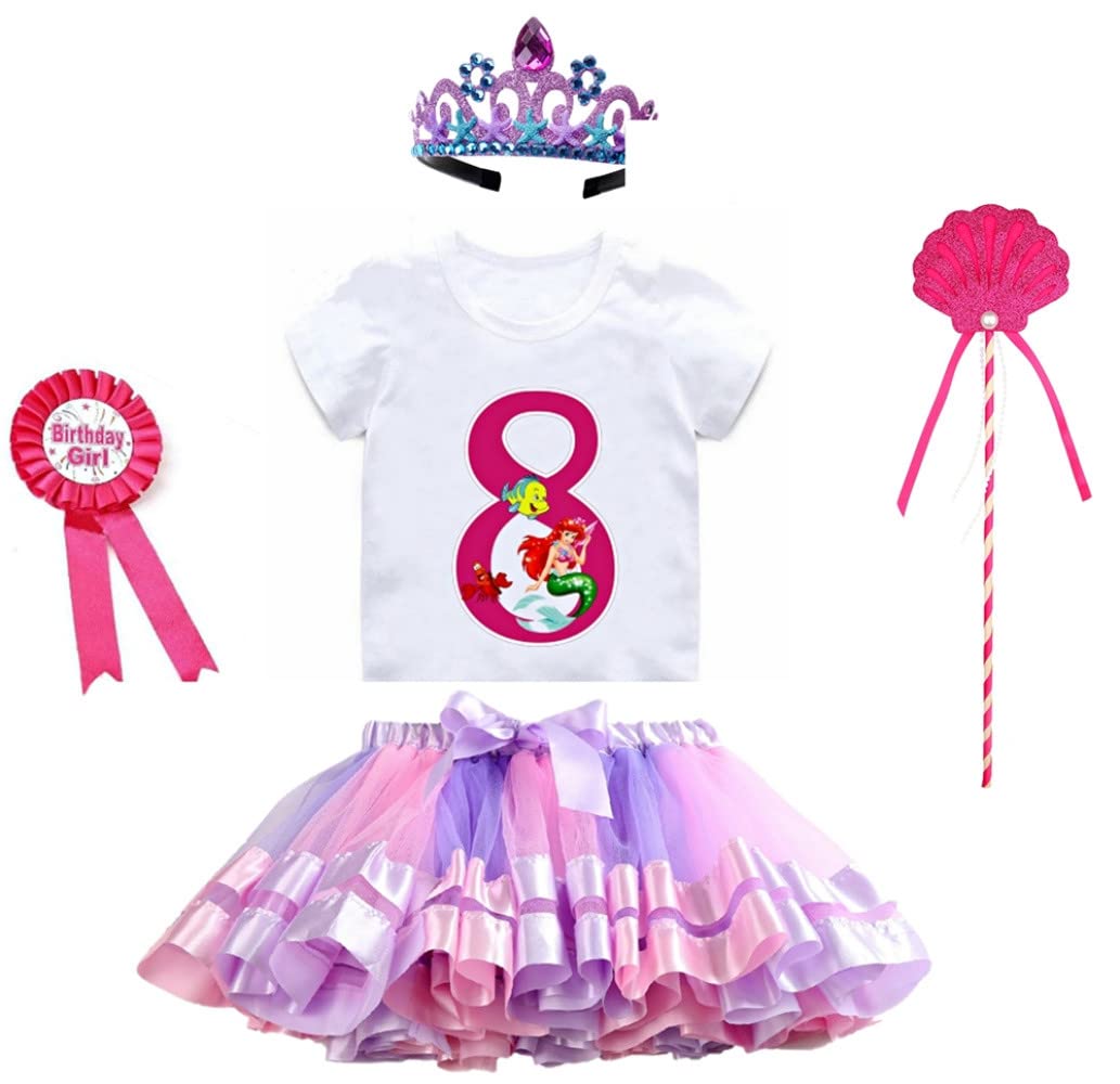 Yoriko Girls Mermaid Birthday Costume Set - Tutu Skirt Dress with Matching T-Shirt, Headband & Satin Sash for Mermaid Themed Parties, Dress Up & Birthday Celebrations