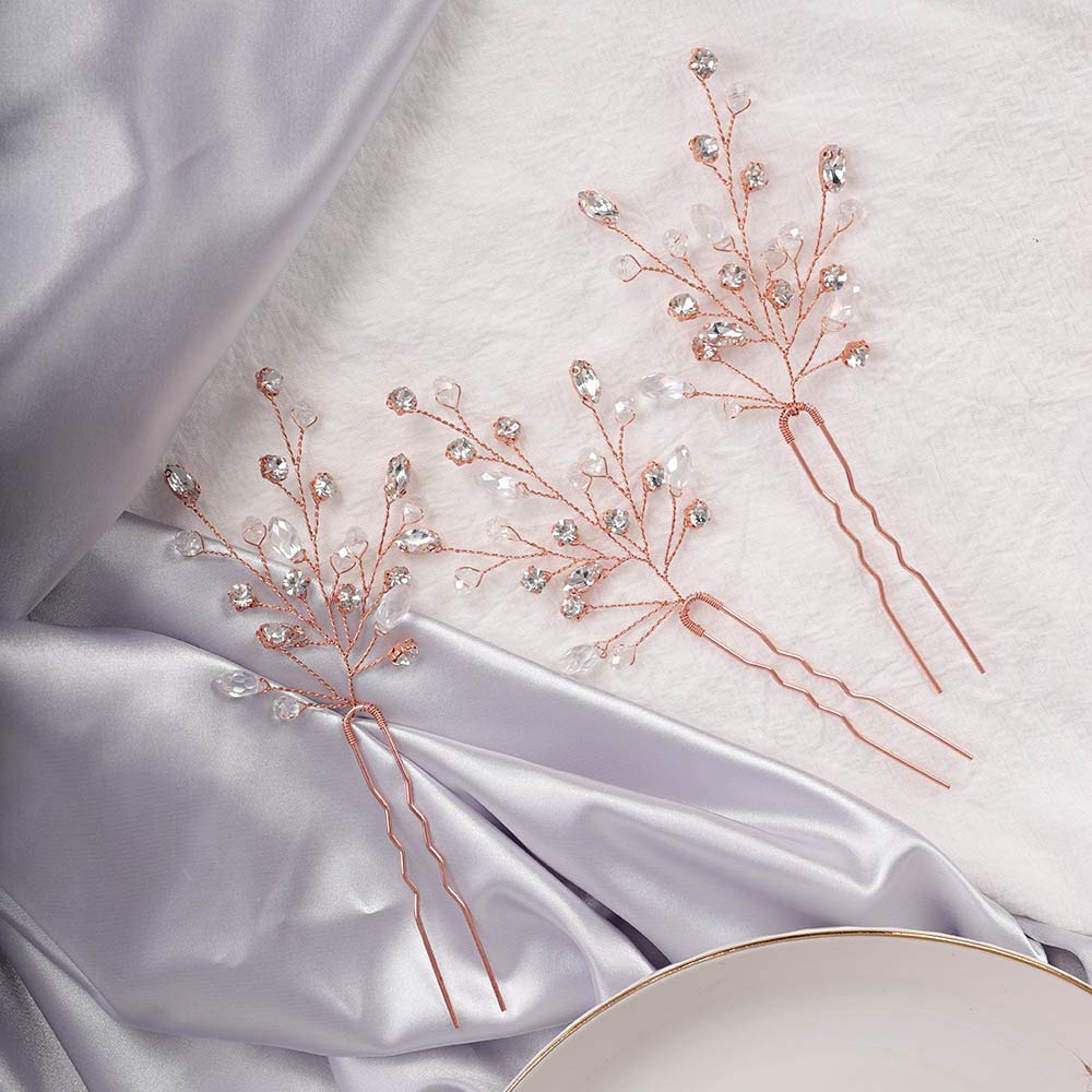 YERTTER 3Pcs Rose Gold Crystal Hair Pins for Wedding - Bridal Hair Accessories with Rhinestones for Bride & Bridesmaids, Perfect for Updos, Buns & Special Occasions