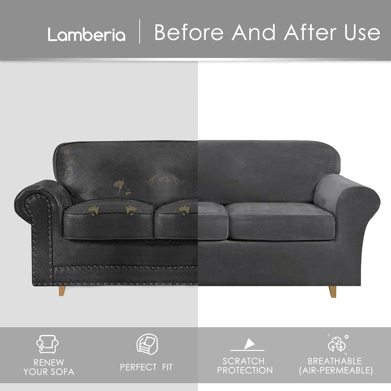 Lamberia Stretch Velvet Sofa Cover for 3 Cushion Couch - 4 Piece Washable Furniture Protector - Plush & Thick Slipcover for Pets, Kids - Sofa-L Size, Grey - Perfect for Living Room, Family Room & Pet-Friendly Homes