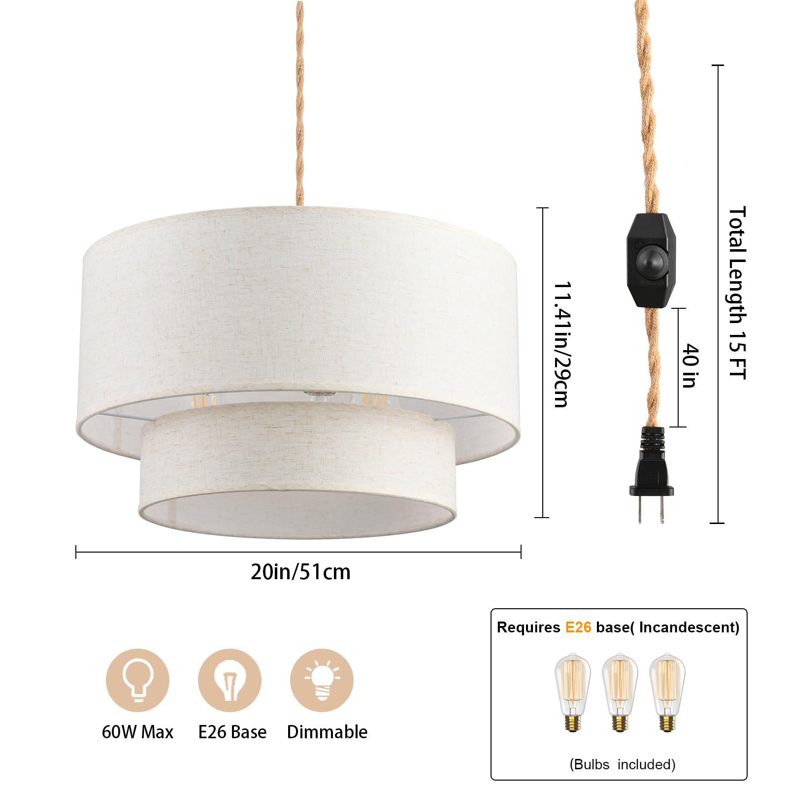 2-Tier Drum Linen Plug-in Pendant Light with 15ft Hemp Rope & Dimmable E26 Switch - 20