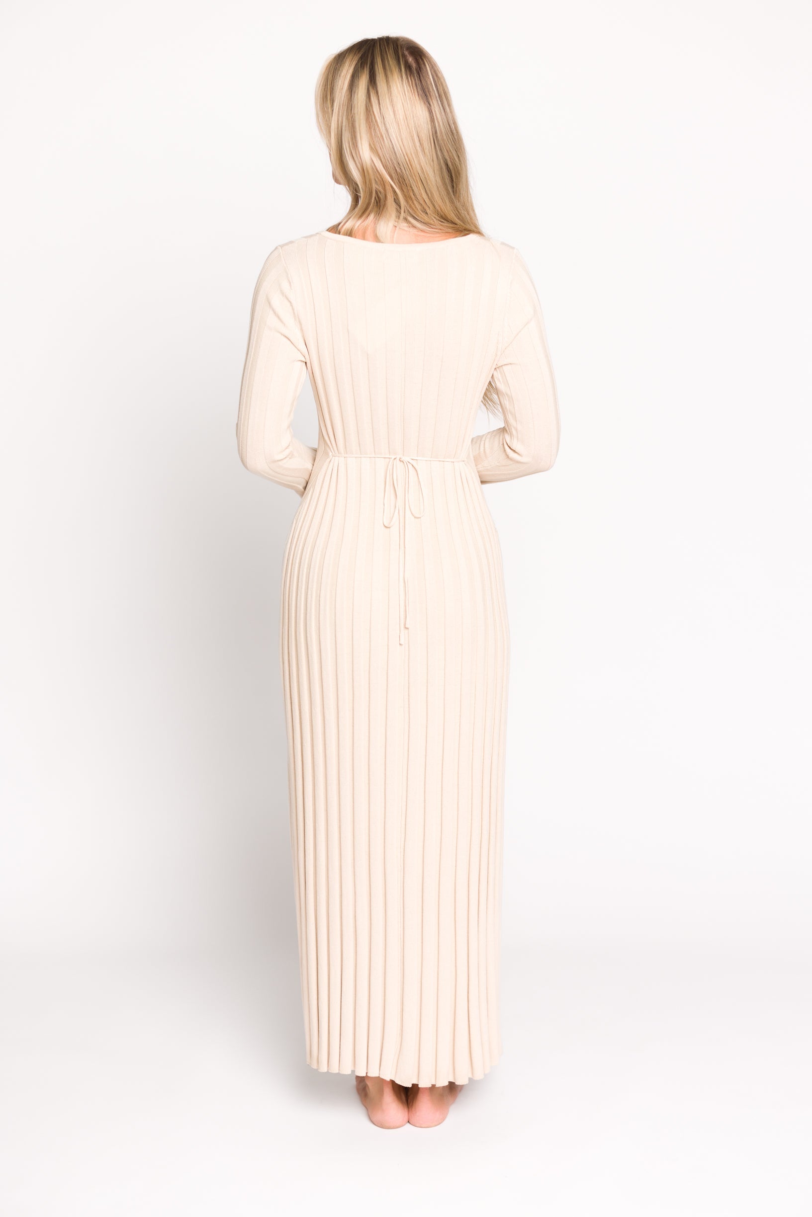 Hadley Long Sleeve V Neck Knit Maxi Dress in Cream Taupe - Elegant Women's Casual Maxi Dress for Fall & Winter, Perfect for Office, Date Night and Holiday Parties