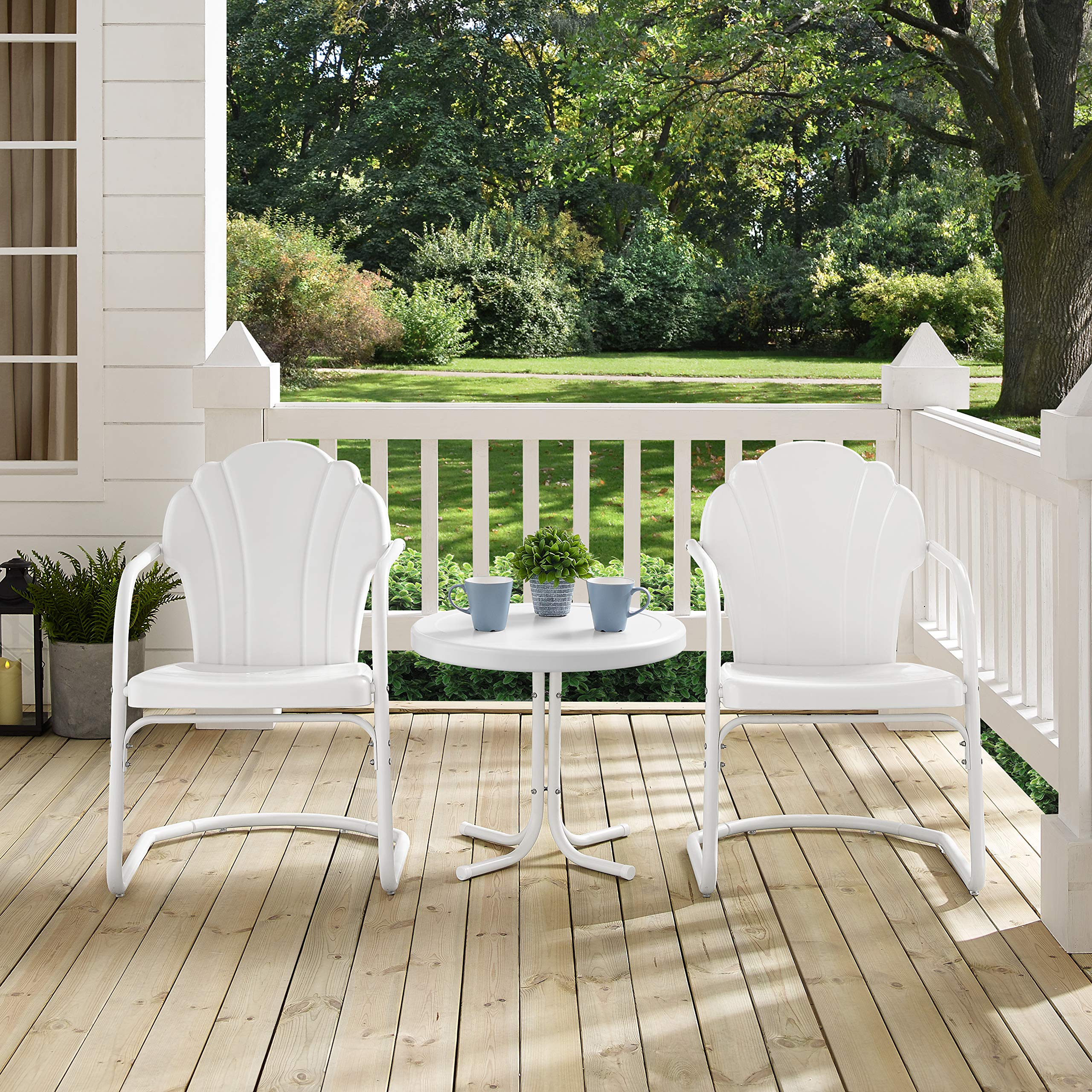 Crosley Furniture Tulip 3-Piece Outdoor Bistro Set - Retro White Metal Patio Chairs with Side Table - Perfect for Garden, Balcony & Backyard Relaxation