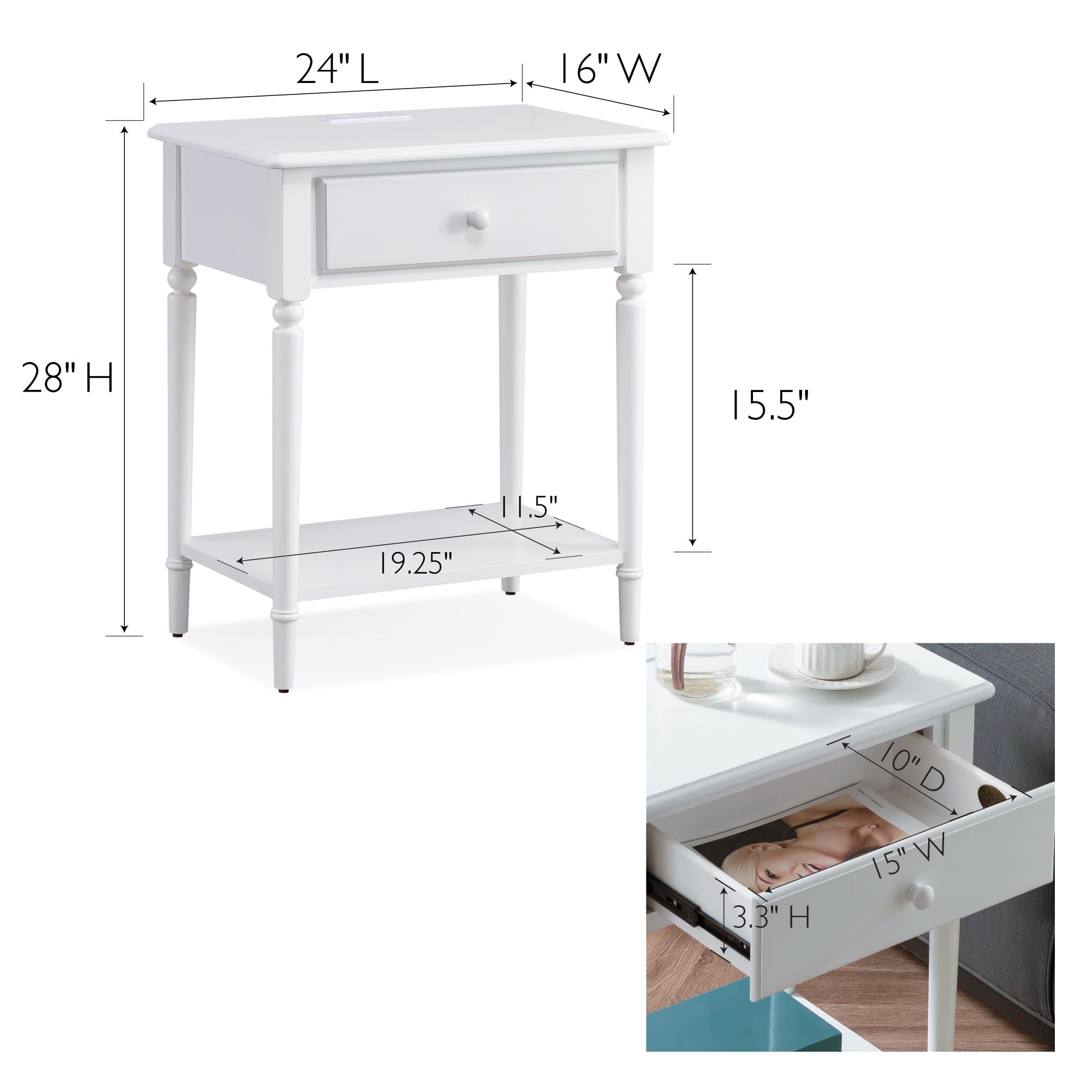 Coastal Style USB-C Fast Charging Side Table - Solid Wood Nightstand in Orchid White for Bedroom, Living Room & Small Spaces | Leick Home 20022-WT | Perfect for Charging Devices by Bed or Sofa