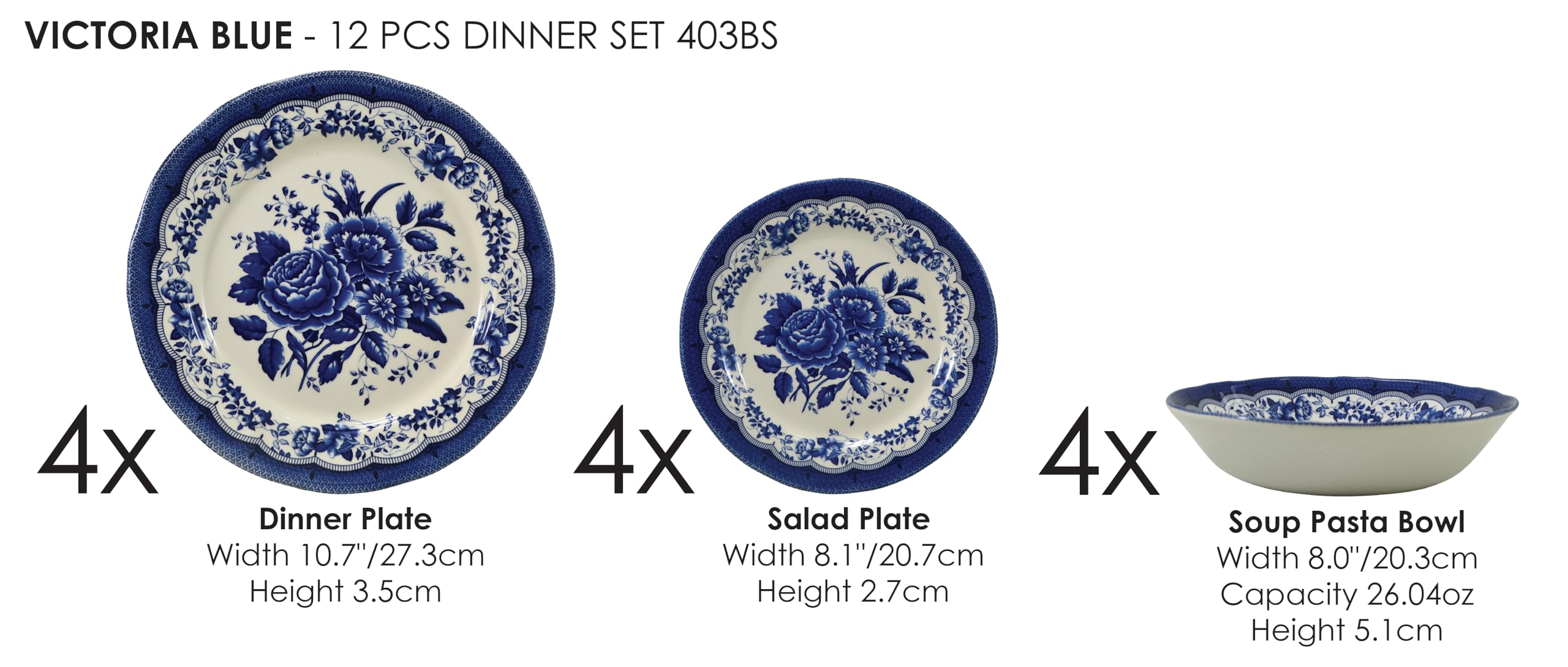 Tudor Royal 12-Piece Porcelain Dinnerware Set - Blue Floral Design for 4, Elegant Tableware for Dining & Entertaining