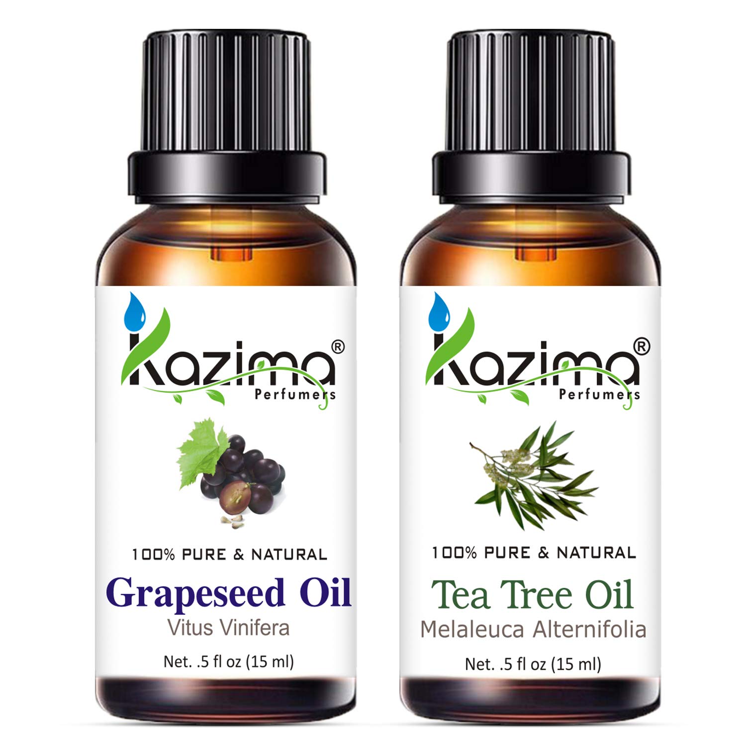 KAZIMA 100% Pure Grapeseed Oil & Tea Tree Oil Combo - Natural Undiluted Essential Oils for Acne Treatment, Scar Removal, Hair Growth, Dandruff Control & Aromatherapy (15ml Each) - Perfect for Skin Care, Hair Care & Relaxation Therapy
