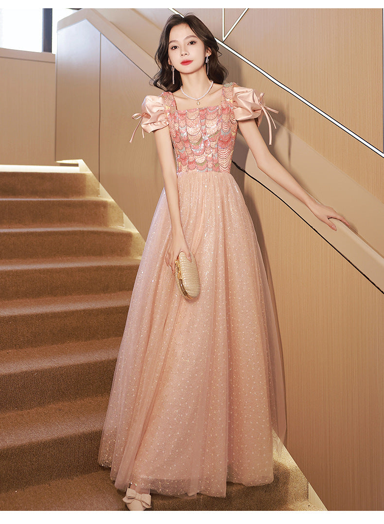 Elegant A-Line Shiny Long Prom Dress with Puff Sleeves - Formal Evening Gown for Sweet 16, Birthday Party, Homecoming & Special Occasions | Perfect for Prom Night, Quinceañera & Wedding Guest Attire