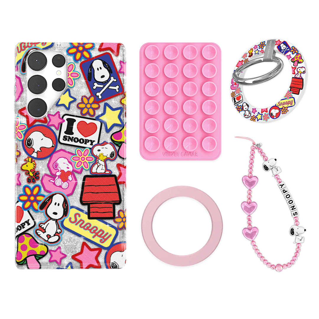 Snoopy Patchwork Glitter Galaxy Phone Grip Bundle Set - Cute Cartoon Character Non-Slip Phone Holder for iPhone Samsung - Perfect for School, Work, Travel & Everyday Use
