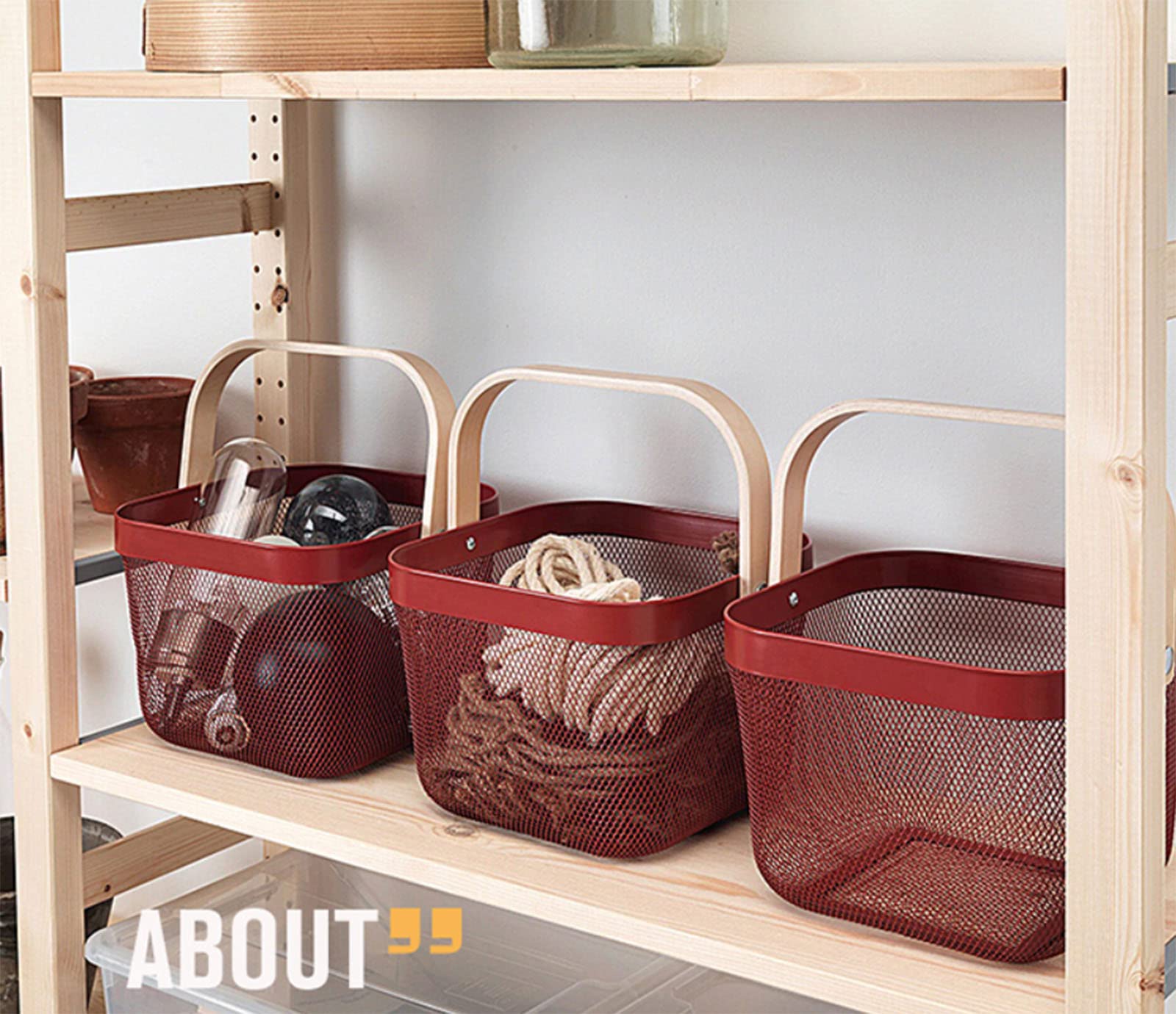 Stainless Steel Mesh Storage Basket with Bamboo Handle - Multi-Purpose Organizer for Kitchen, Bathroom, Picnic & Home Decor - Perfect for Fruits, Vegetables, Groceries & Household Items (Red)