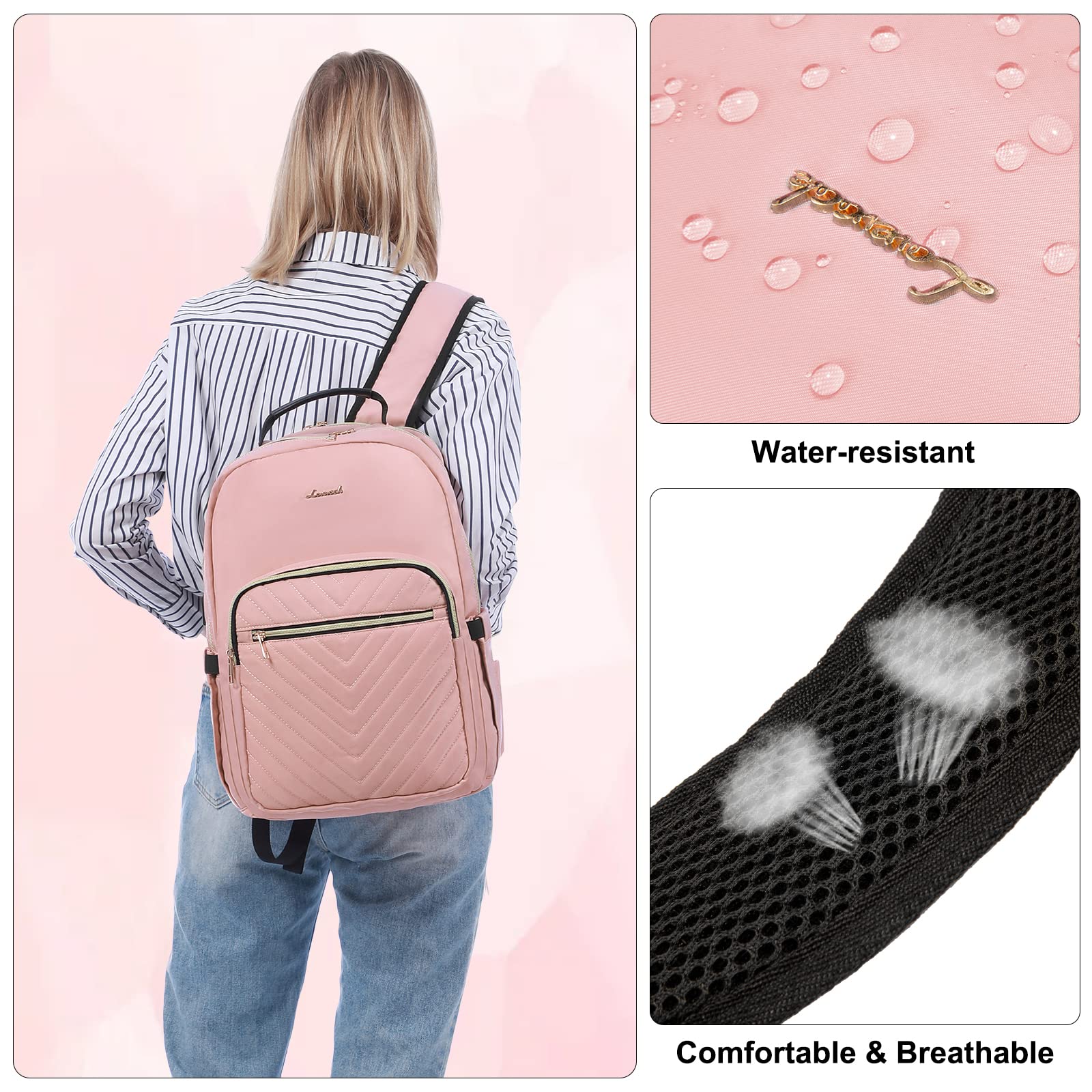 LOVEVOOK 17.3 Inch Laptop Backpack for Women - Stylish Waterproof Travel Backpack with USB Port, Professional Work Bag for Business, College, Teacher, and Everyday Use, Pink