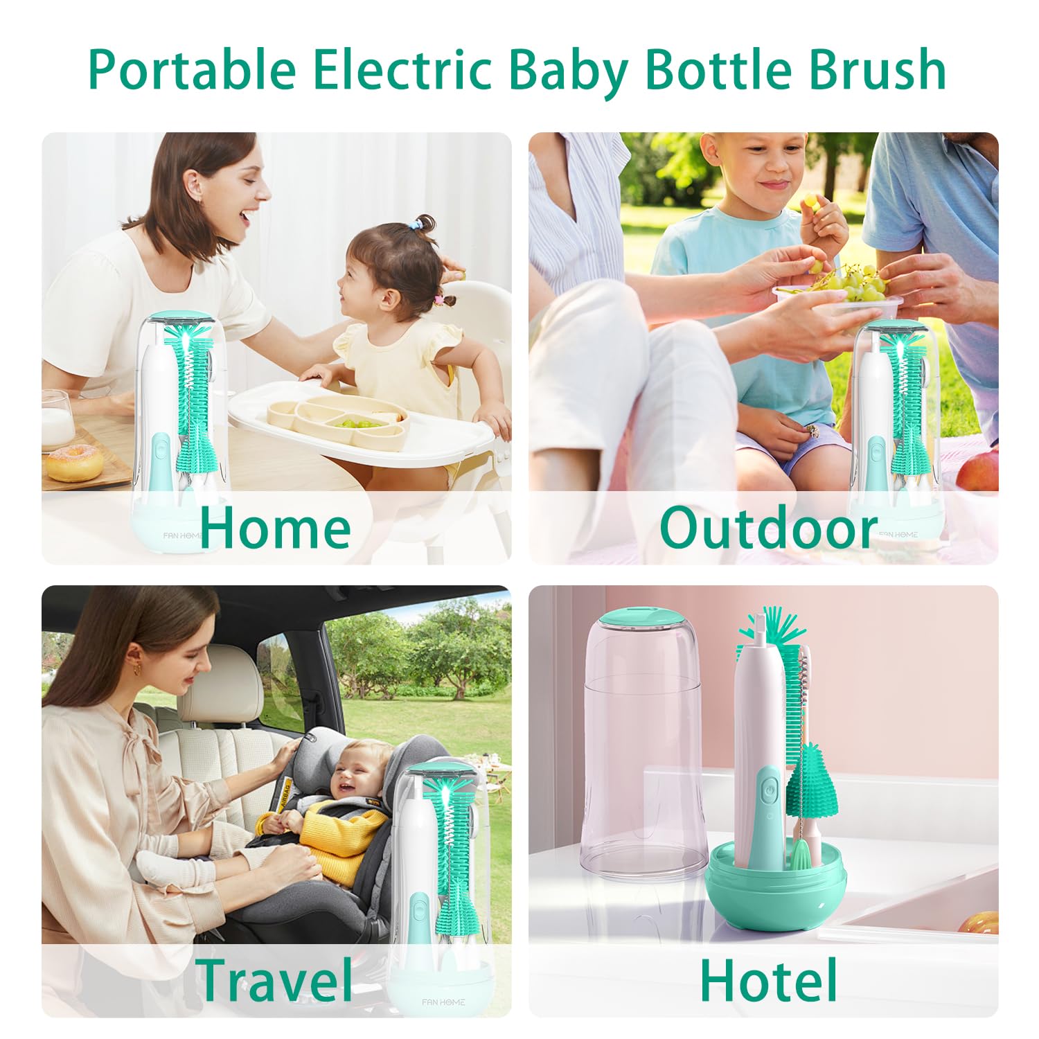 Electric Bottle Brush Cleaner - Rechargeable Portable Baby Bottle Cleaning Kit with Silicone Nipple & Straw Brush, Drainage Rack & Storage Box (Green) | Perfect for Travel, Home & Nursery Use