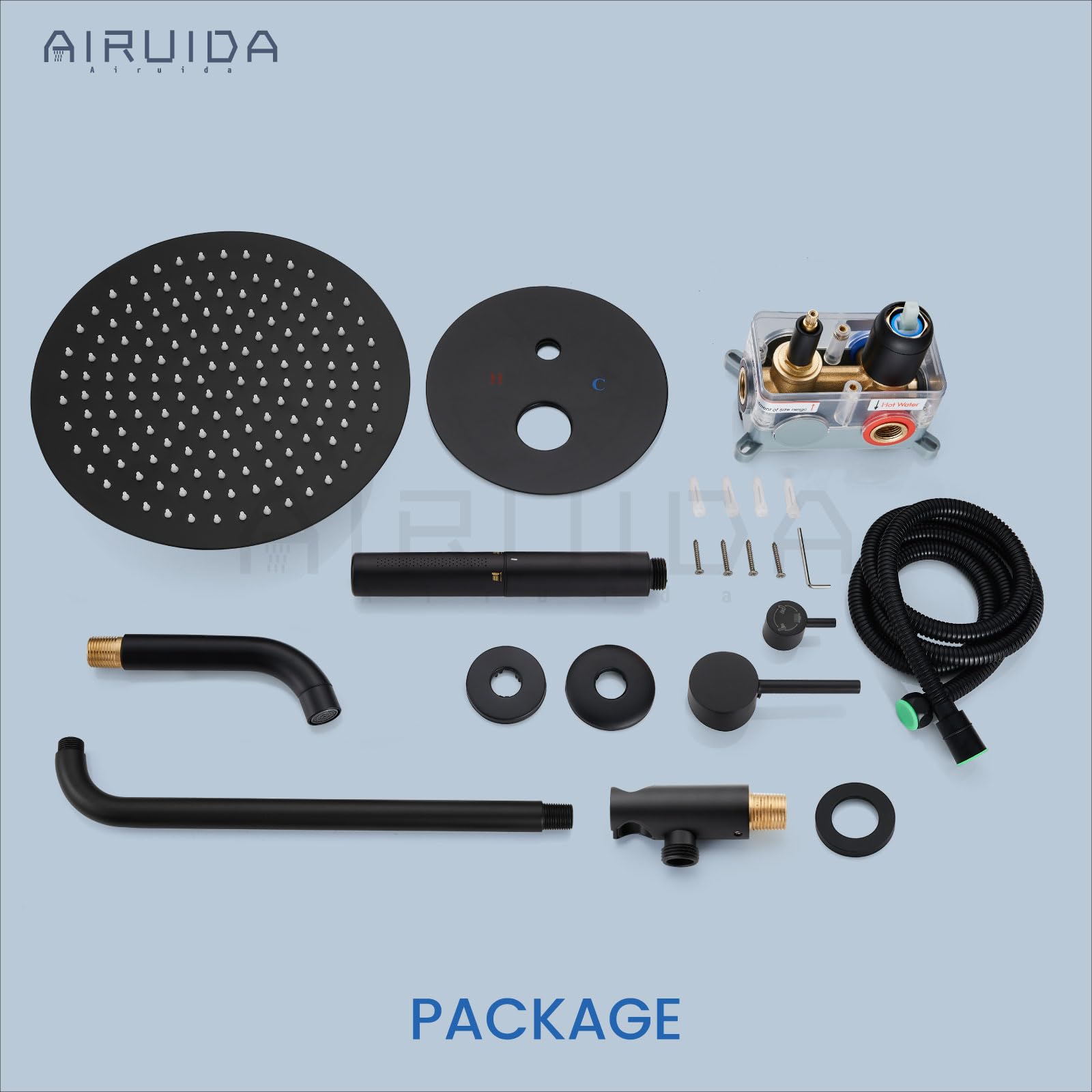 Airuida 12-Inch Matte Black Round Shower System Set - 3-Function Wall Mount Rain Shower Faucet with 2-Function Handheld & Tub Spout - Perfect for Modern Bathroom Renovations and Spa-Like Shower Experience