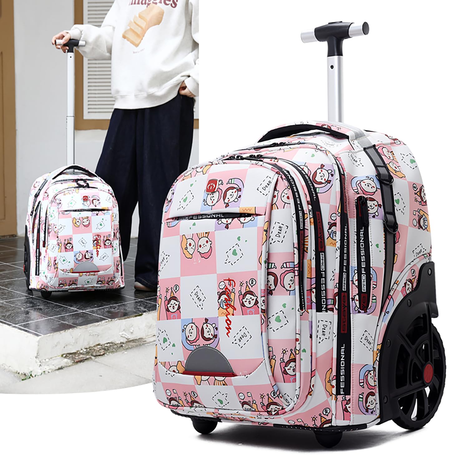 Waterproof Rolling Backpack for Women & Men - 22 Inch Wheeled Laptop Backpack with Large Wheels - Travel & Business Commuter Carry-On Backpack (Pink) - Perfect for Air Travel, Daily Commute & Office Use