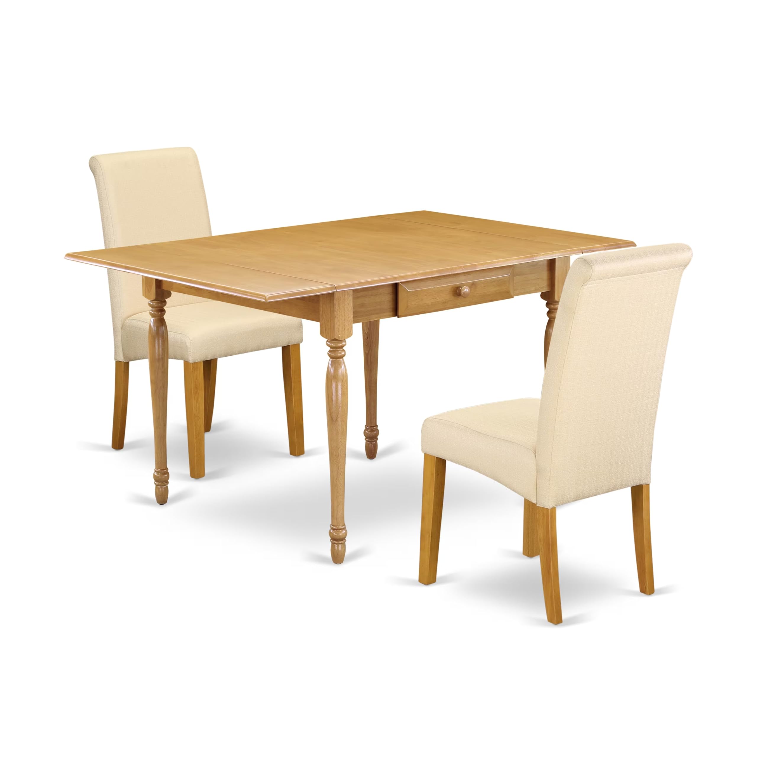 East West Furniture 3-Piece Kitchen Table & Chairs Set - 36x54 Inch Oak Rectangle Dining Table with Drop Leaf & 2 Light Beige Linen Parsons Chairs (MZBA3-OAK-02) | Perfect for Small Spaces, Breakfast Nooks & Cozy Dining Areas
