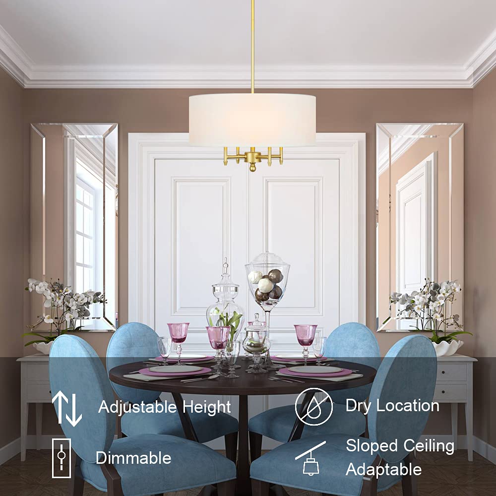 4-Light Modern Gold Chandelier with White Linen Drum Shade - 17.7