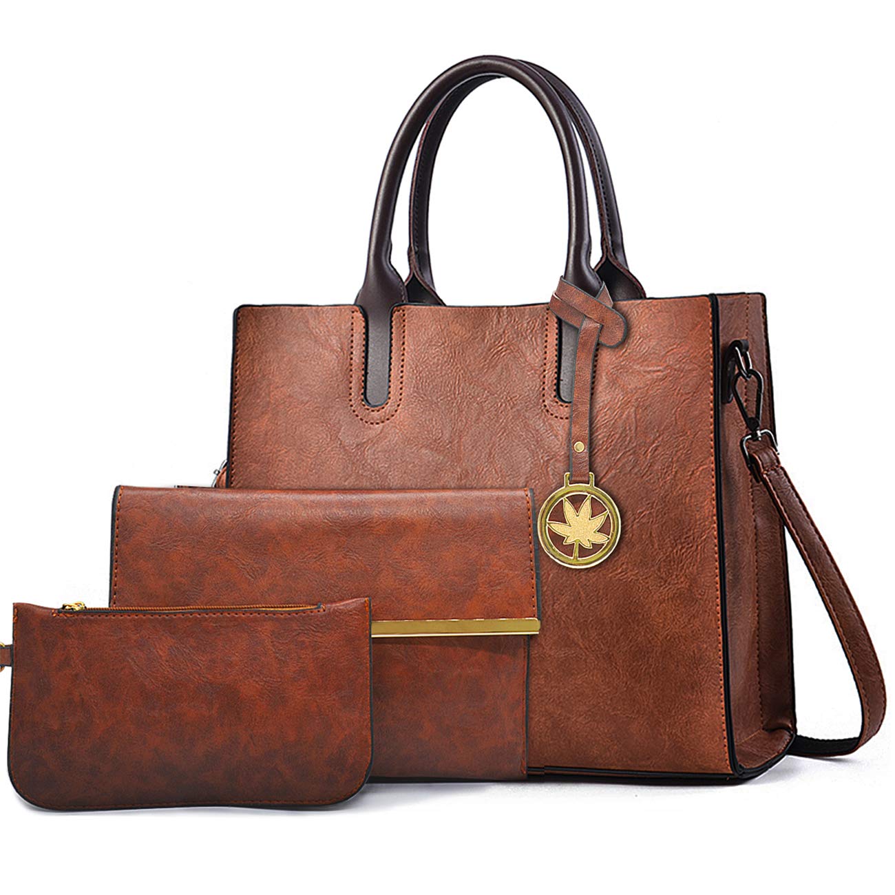 BestoU Women's Leather Handbag Set - 3pcs Large Tote, Messenger & Crossbody Bags in Brown | Premium Ladies Purses for Work, Travel & Everyday Use