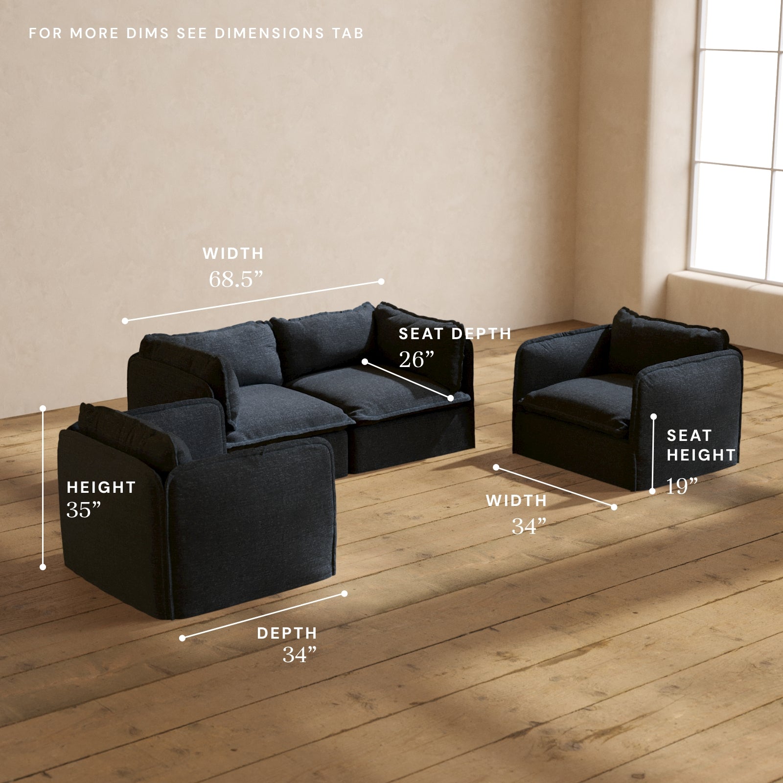 Modular Performance 2 Seater Sofa with Armchair Set in Indigo Blue | Modern Living Room Furniture for Small Spaces | Perfect for Apartments, Studios & Cozy Home Decor
