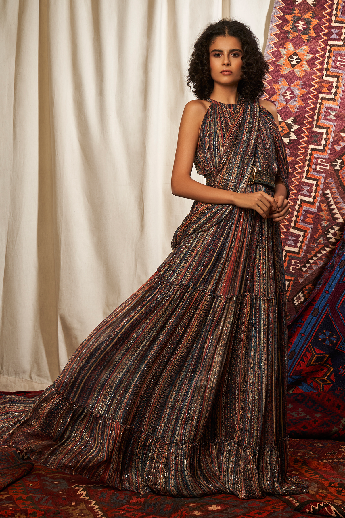 Elegant Stripes Print Saree Maxi Dress with Adjustable Belt for Women | Indian Ethnic Party Wear | Perfect for Weddings, Festivals & Special Occasions