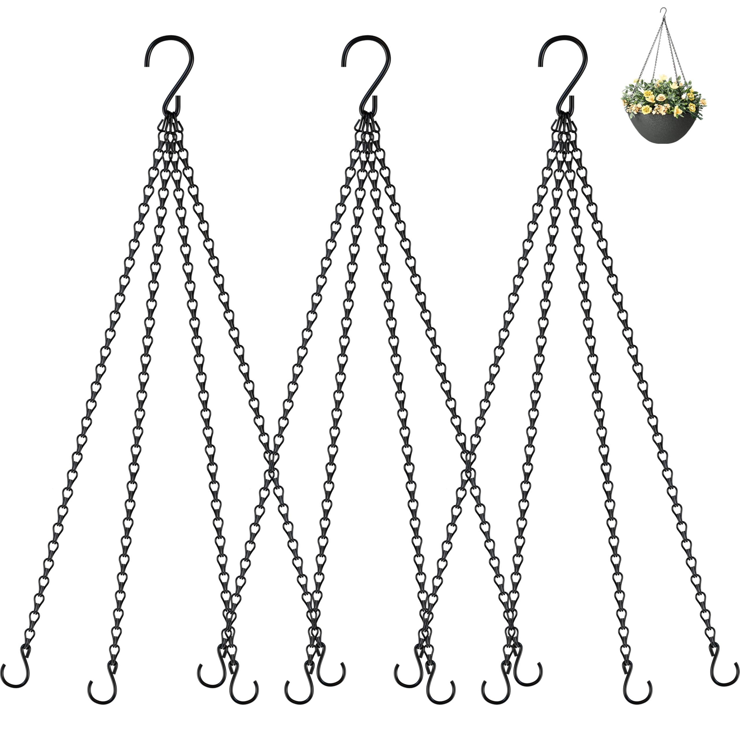 3 Pack 23 Inch Heavy Duty Hanging Basket Chains with Hooks - Black Plant Hangers for Flower Pots, Bird Feeders, Lanterns - Perfect for Indoor/Outdoor Garden Decor, Patio & Balcony Plant Display