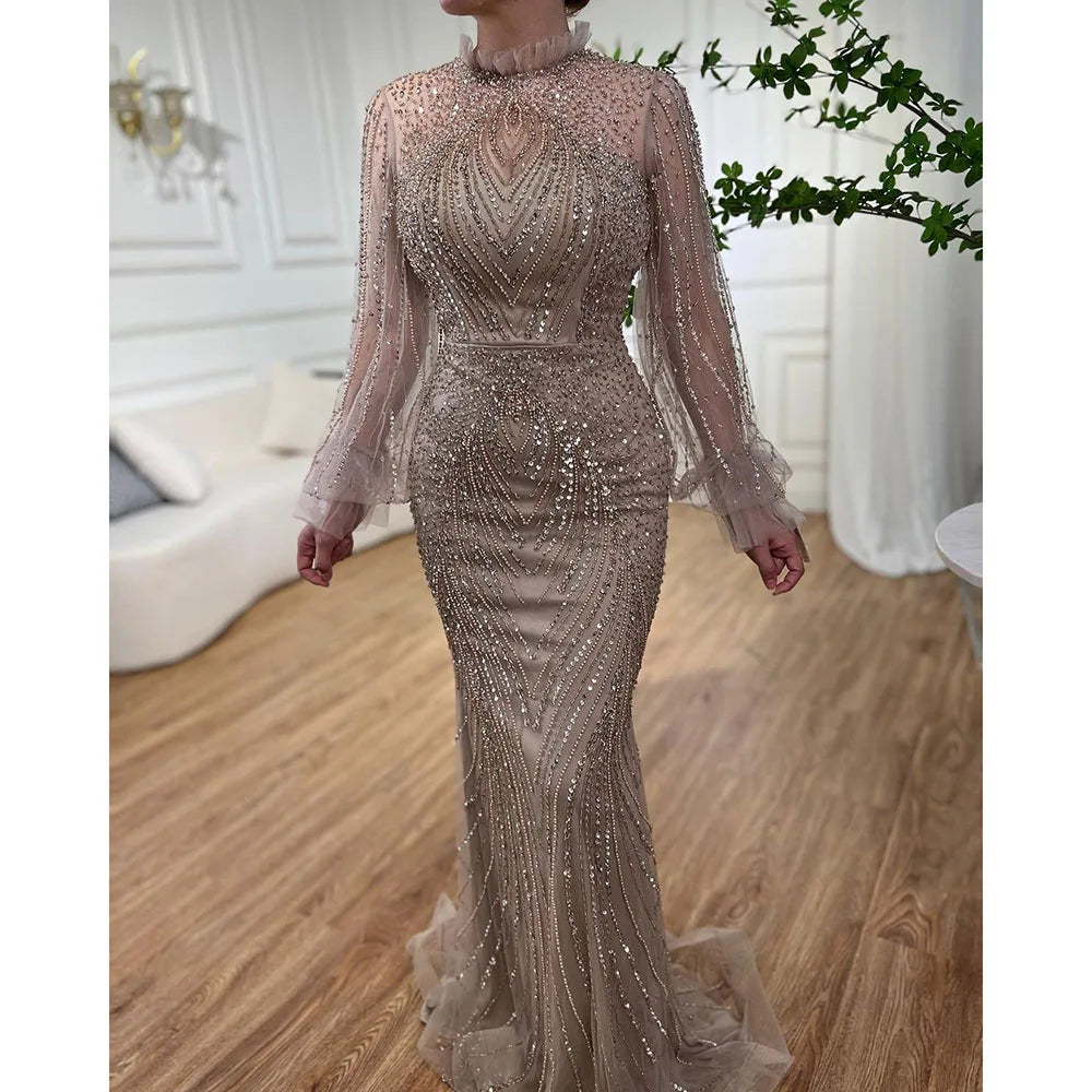 Elegant Purple Mermaid Evening Gown with High Neck & Long Sleeves - Beaded Luxury Formal Dress for Women - Perfect for Prom, Wedding Guest & Black Tie Events - LA71690