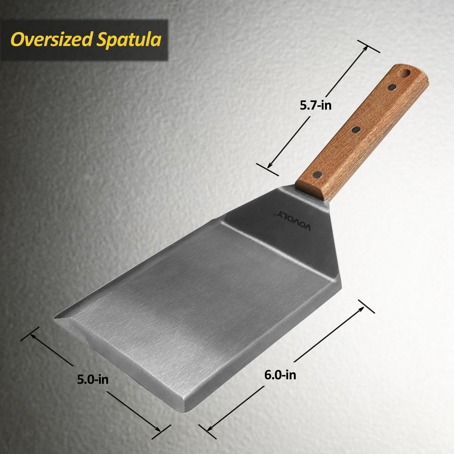 Premium Extra Wide Metal Spatula - 6 x 5 Inch Large Cooking Turner with Full Tang Wooden Handle & Beveled Edges - Perfect for Flipping Pancakes, Burgers, Eggs on Skillets, Griddles & Outdoor Grills - Ideal Kitchen Tool for BBQ, Camping & Home Cooking