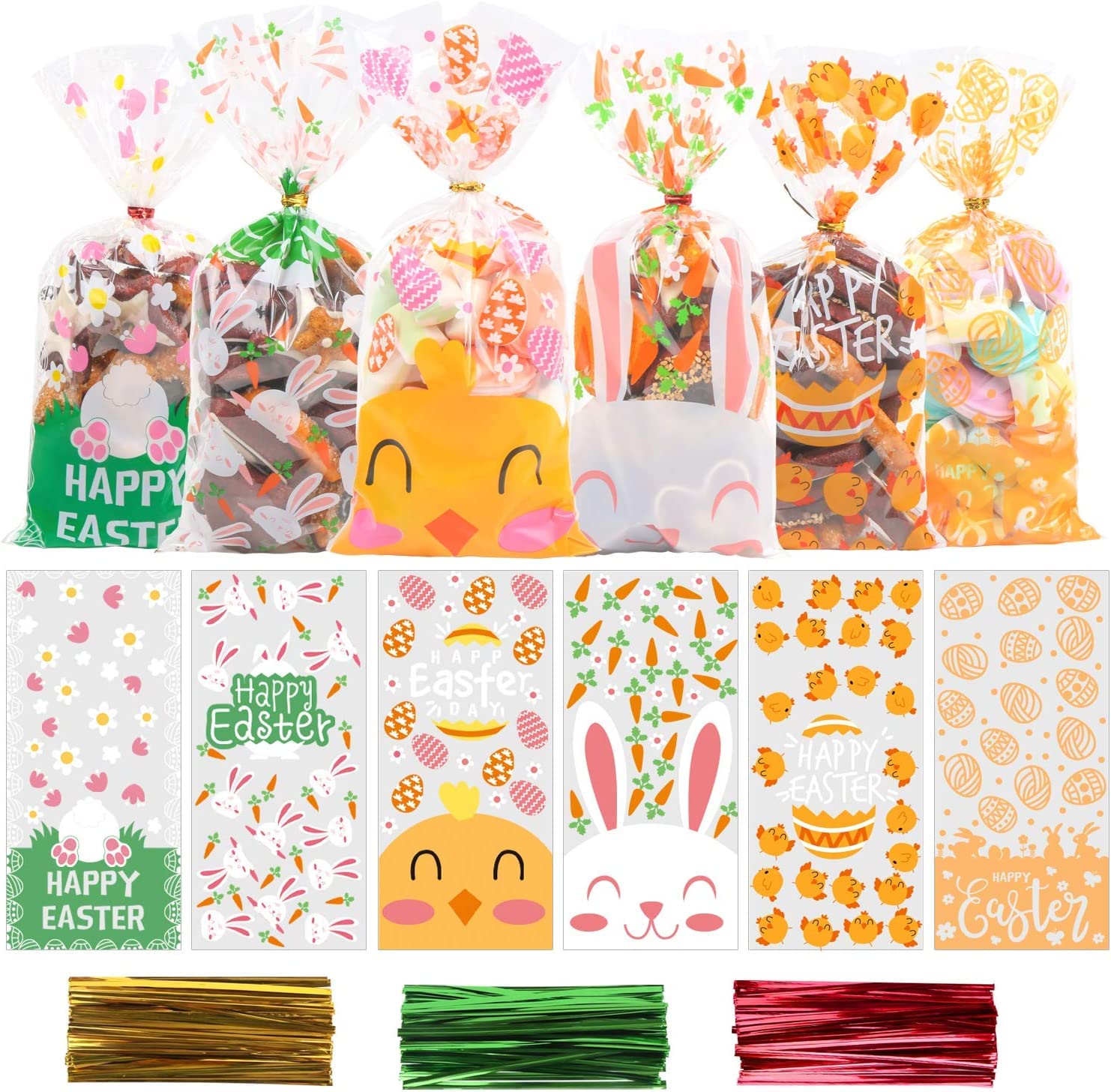 VEYLIN 120Pcs Easter Cellophane Goodie Bags with 150 Twist Ties - 5
