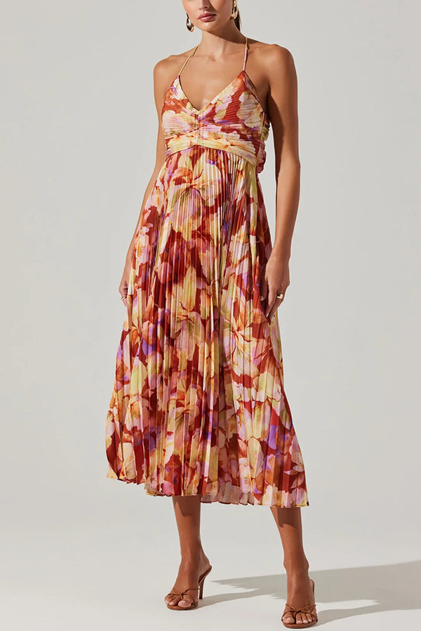 Floral Print Pleated Midi Dress with Back Tie Detail - Perfect for Wedding Parties, Bridal Showers & Summer Events