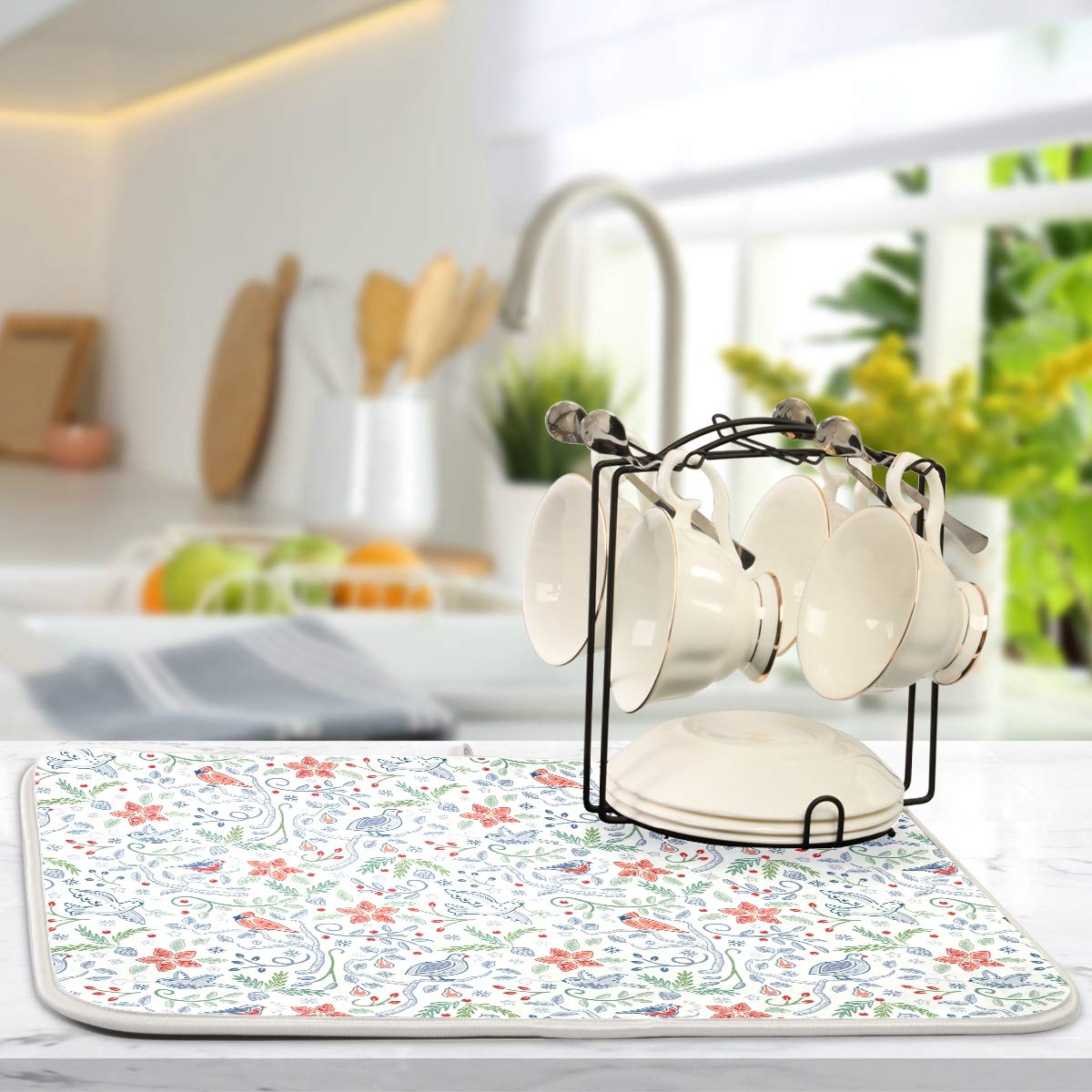 Reversible Microfiber Dish Drainer Mat 16x18in - Floral Birds Kitchen Drying Mat for Sinks & Countertops