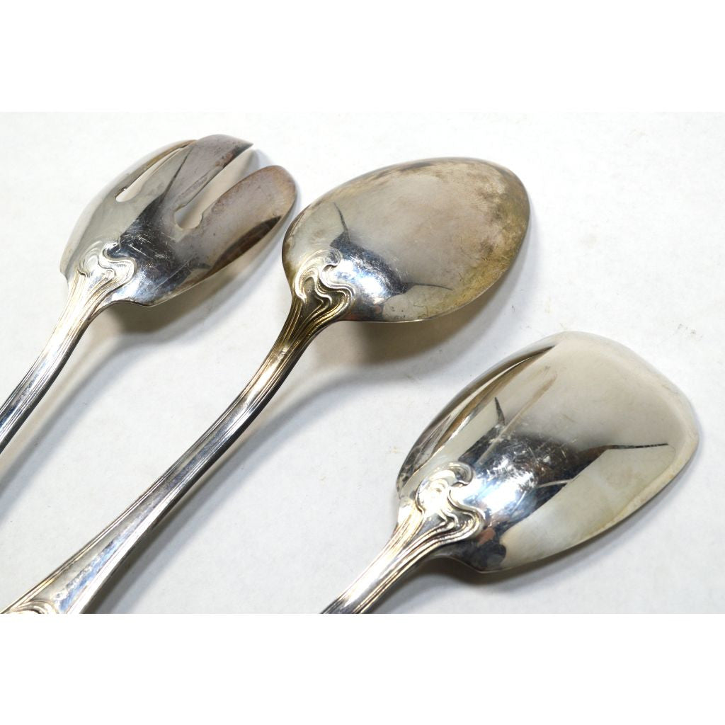 Vintage ERCUIS Silver Plated Flatware Set of 3 Salad/Serving Spoons with Wave Pattern - Perfect for Fine Dining, Wedding Gifts & Antique Collectors