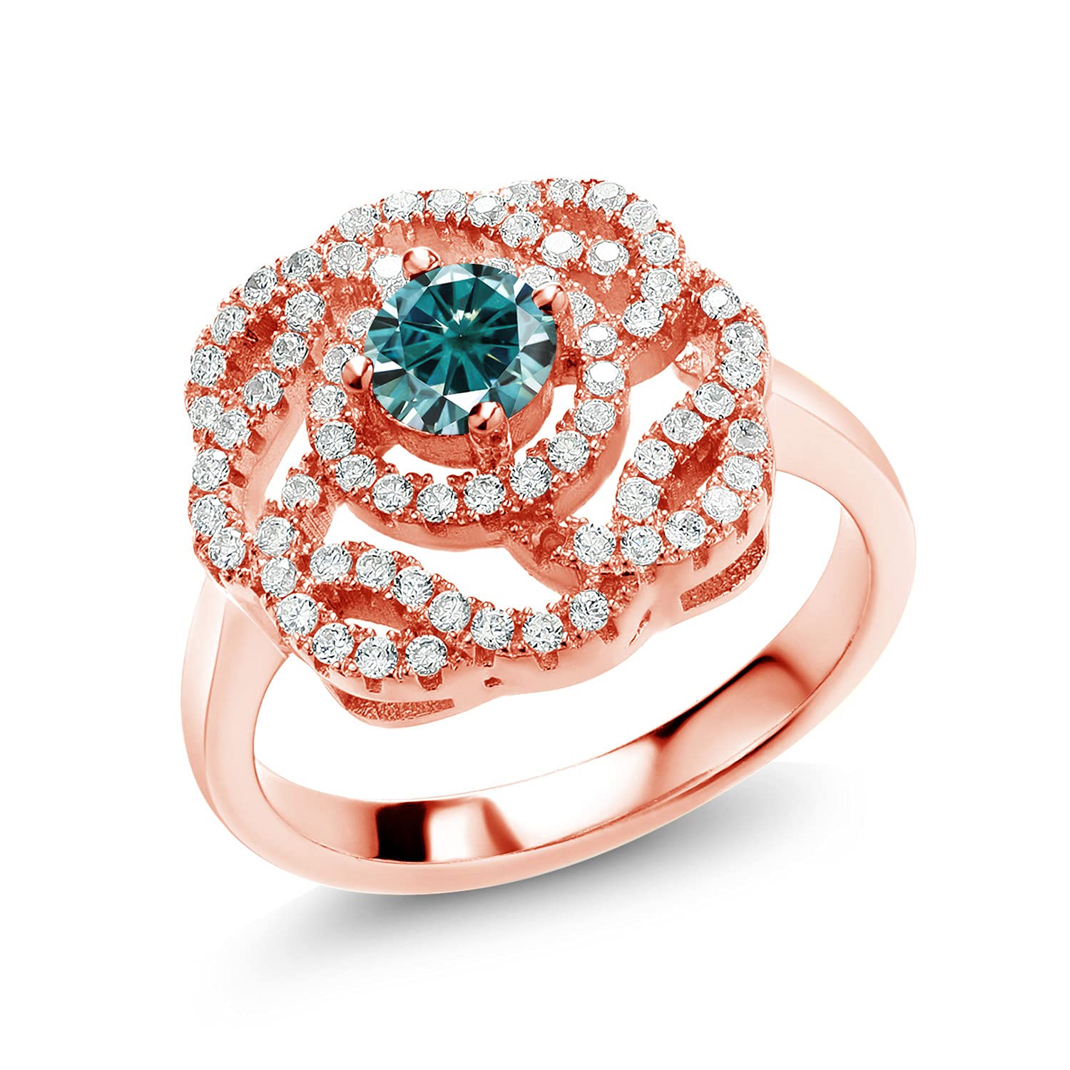 18K Rose Gold Plated Silver Ring with 1.53cttw Round Blue Moissanite - Elegant Gemstone Jewelry for Women, Perfect for Engagement, Wedding & Anniversary Gifts