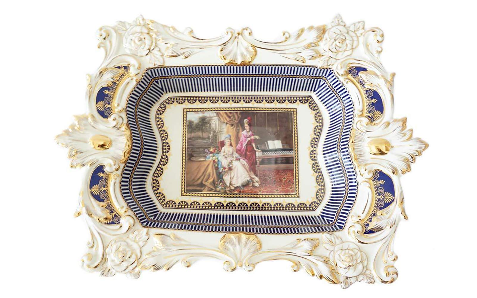 Royal Baroque Style Blue Porcelain Decorative Centerpiece Fruit Bowl - Elegant Table Decor for Dining Room, Wedding, and Home Decor