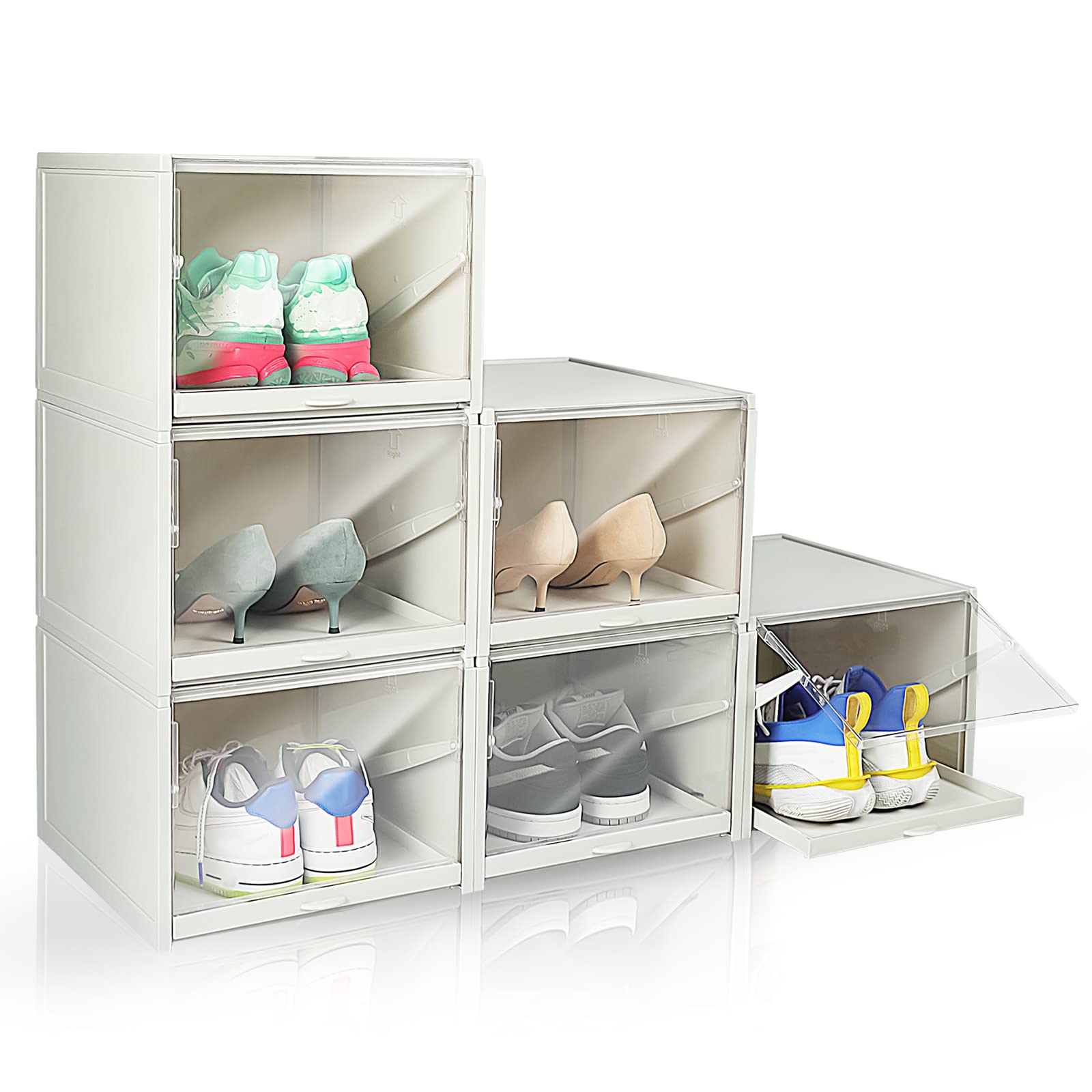 Annkol Clear Stackable Shoe Boxes - 6 Pack Plastic Sneaker Storage Containers for Closet Organization, Space Saving Shoe Bins Fits Size 13 - Perfect for Sneaker Collection, Closet Organization & Home Storage Solutions