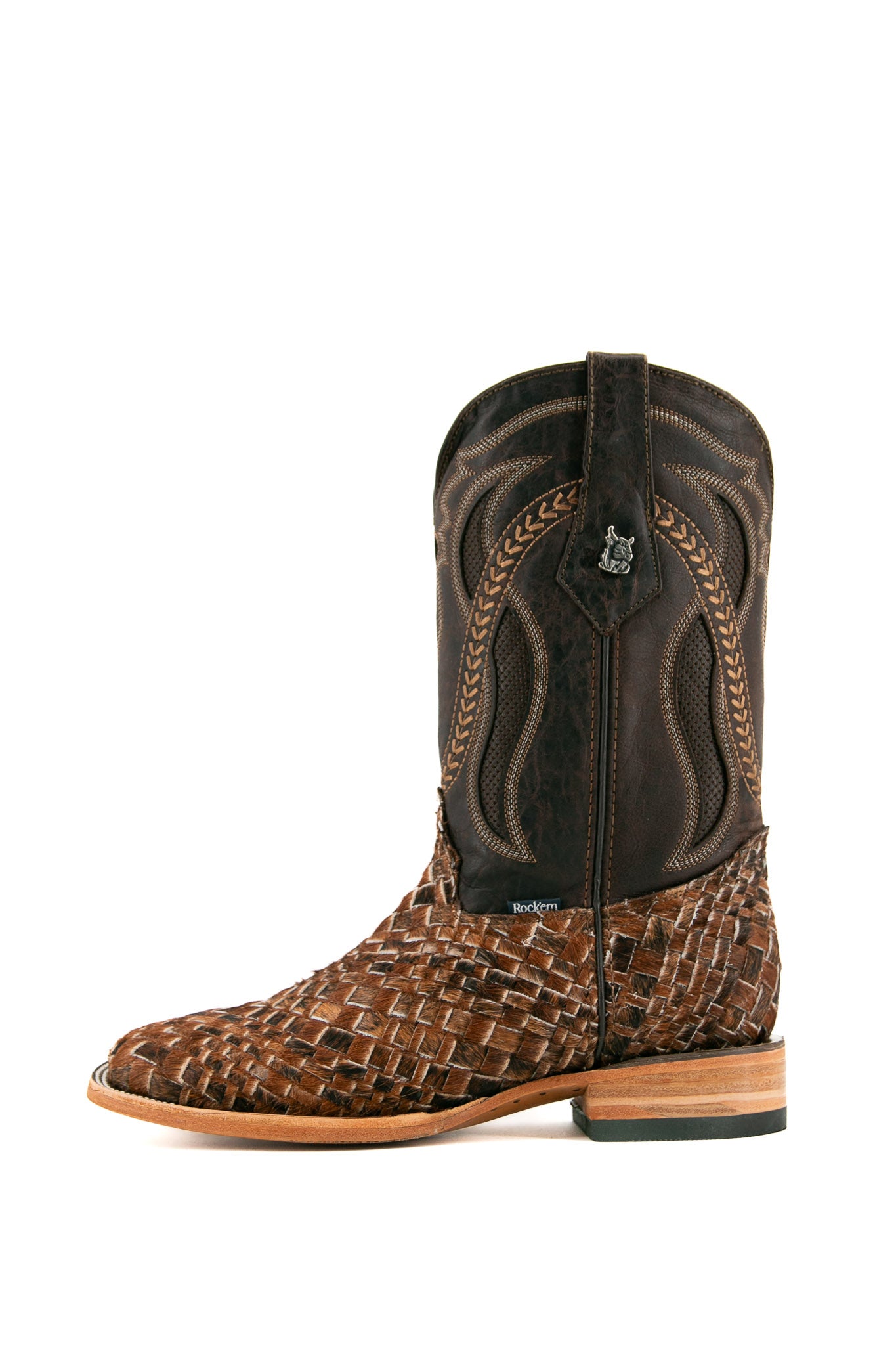 Rock'em Woven Cowhide Square Toe Cowboy Boots for Men - Western Style Leather Boots with Comfortable Fit - Perfect for Rodeo, Country Music Festivals & Casual Wear