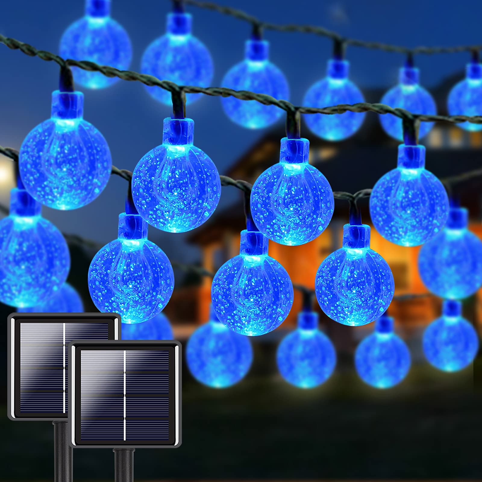 Blue 2-Pack 100 LED 64FT Crystal Globe Solar Christmas Lights - Waterproof Outdoor Solar String Lights with 8 Lighting Modes - Solar Powered Decor for Trees, Gardens, Patios, Parties & Weddings - Perfect for Holiday, Christmas & Year-Round Outdoor Decorations