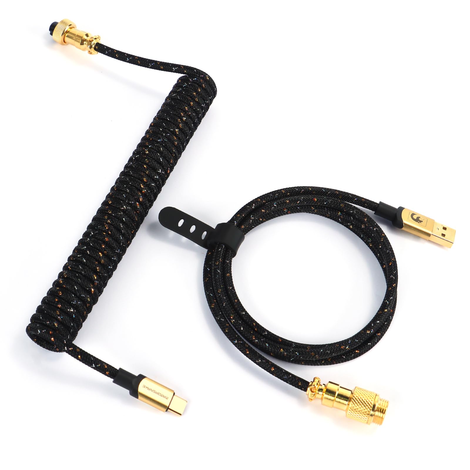 Custom Coiled USB C to A Cable with Detachable Double Sleeve Braided Nylon - 24K Gold Aviator Connector for Mechanical Gaming Keyboard, Smartphone, Printer - Durable Spiral Spring Design for Home Office & Gaming Setup (Black)