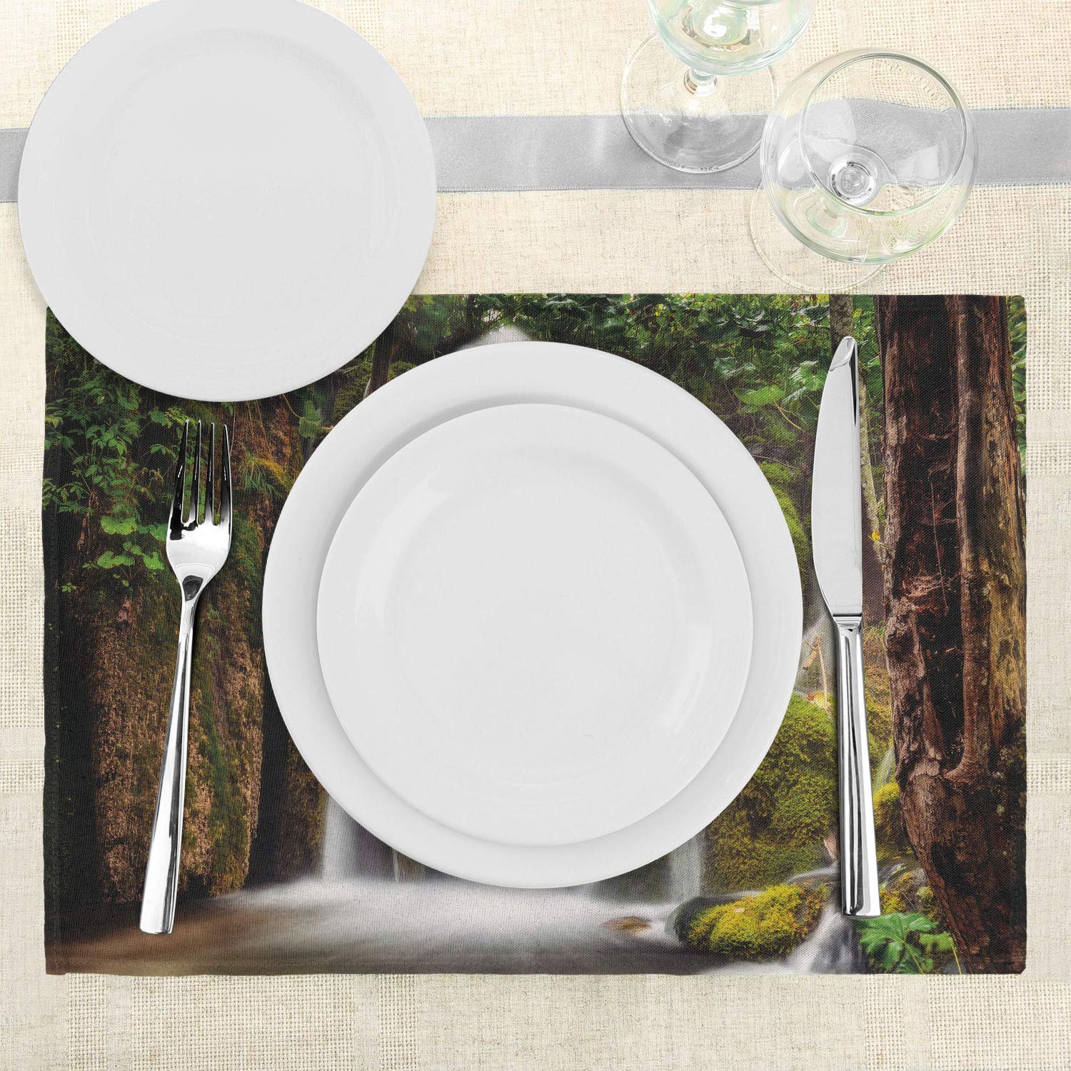 Ambesonne Waterfall Place Mats Set of 4 - Scenic Forest Cliff Waterfall Design, Washable Fabric Table Mats for Dining Room & Kitchen Decor (White & Green) - Perfect for Dinner Parties, Holiday Gatherings & Everyday Meals