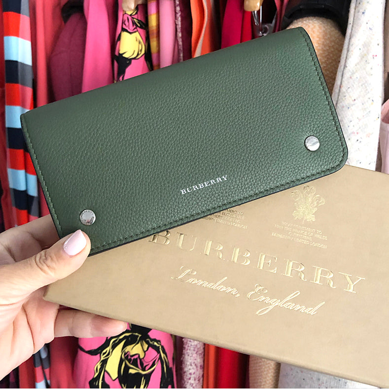 Burberry Olive Green Leather Phone Wallet Case - Luxury RFID Blocking Card Holder for iPhone & Samsung - Perfect for Travel, Shopping & Everyday Use