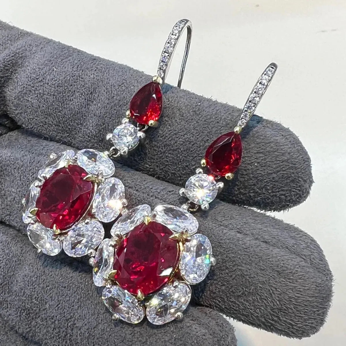 Vintage 925 Sterling Silver Oval Cut Ruby & High Carbon Diamond Drop Dangle Earrings for Women - Anniversary Gift, Wedding Jewelry, Party & Evening Wear Accessories