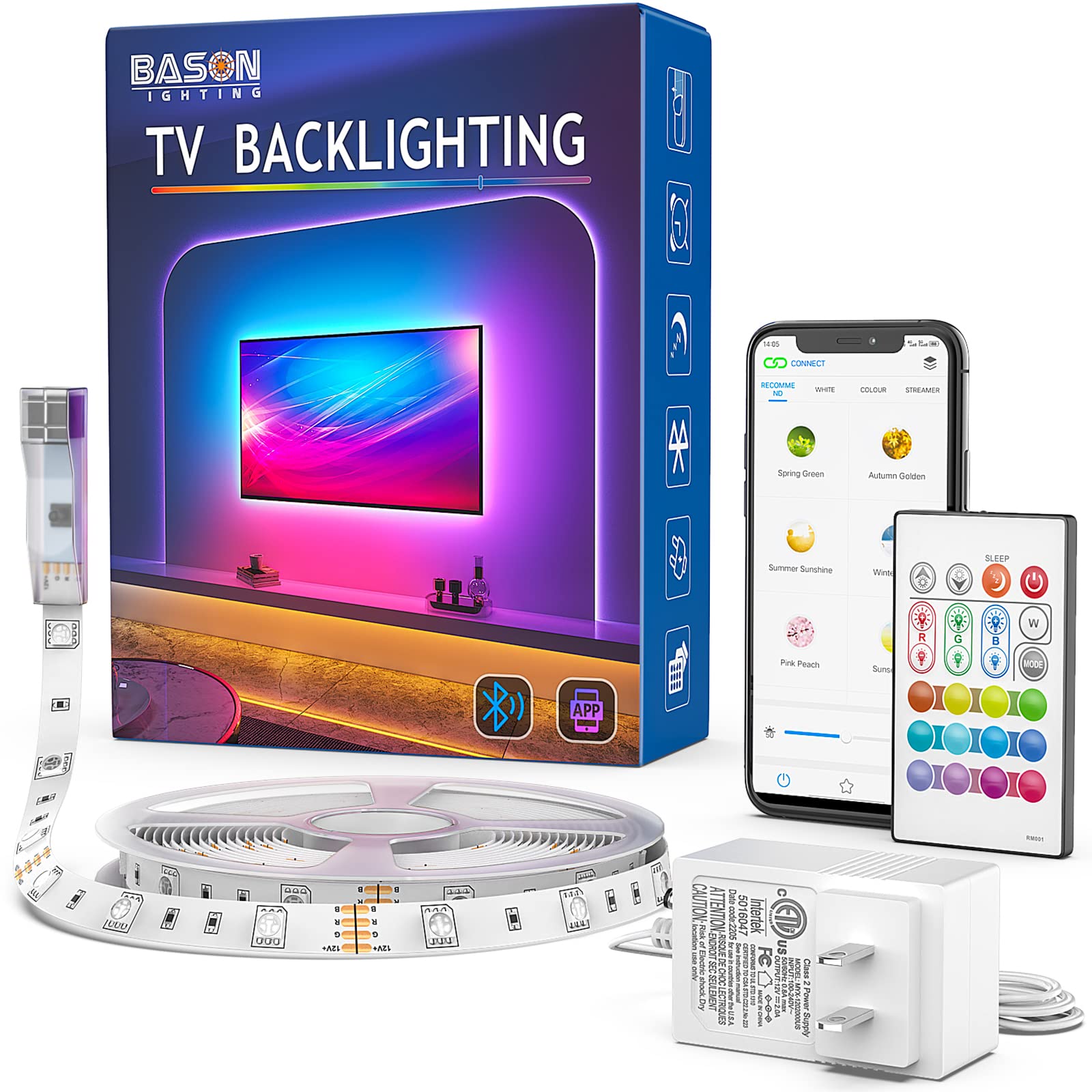 BASON LIGHTING 17ft Smart TV LED Backlight Strip with Bluetooth App & Remote Control - Color Changing RGB Lights with Music Sync for 75-82 Inch TVs - Perfect for Gaming Room, Bedroom & Home Theater Entertainment
