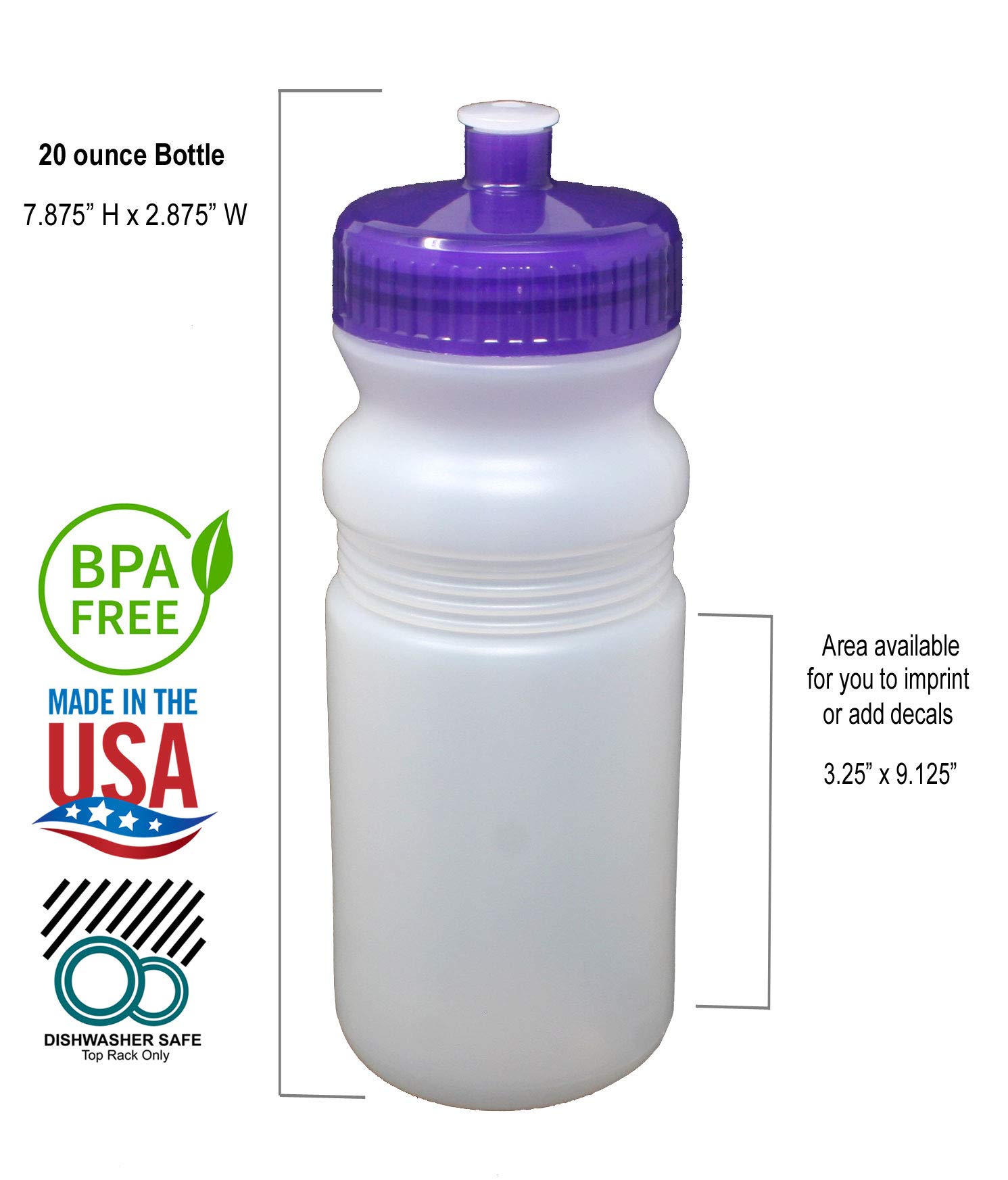 Rolling Sands 20oz BPA-Free Sports Water Bottles 100 Pack - Dishwasher Safe, Made in USA - Perfect for Gyms, Schools, Teams & Outdoor Activities