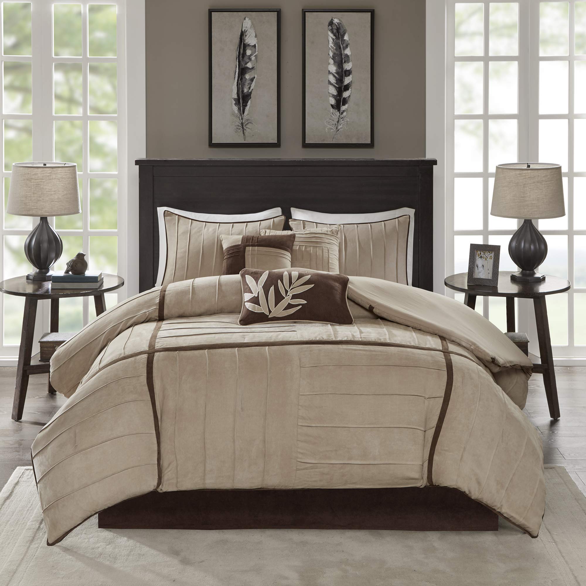 Madison Park 7-Piece Cozy Comforter Set - All-Season Casual Blocks Design, Includes Matching Bed Skirt & Decorative Pillows, Full Size (82x90 Inches), Dune Beige/Brown - Perfect for Master Bedroom, Guest Room & Dorm Decor