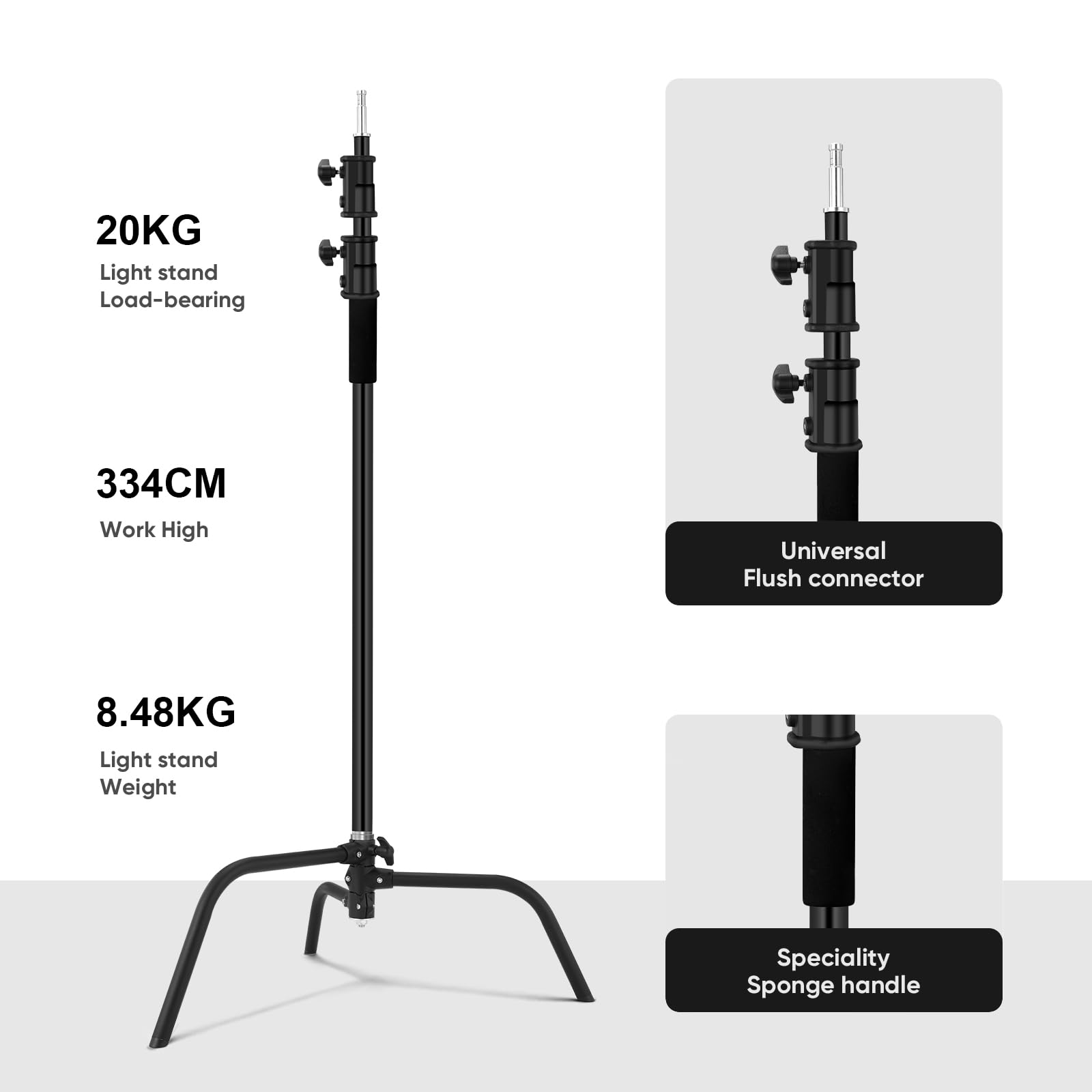 Heavy Duty 10.8ft/330cm Stainless Steel C Stand with 4.2ft/128cm Holding Arm & Carry Bag - 44LB/20KG Load Capacity Adjustable Studio Light Stand for Photography, Video, Monolight & Softbox Shooting - Perfect for Studio, Outdoor & On-Location Productions