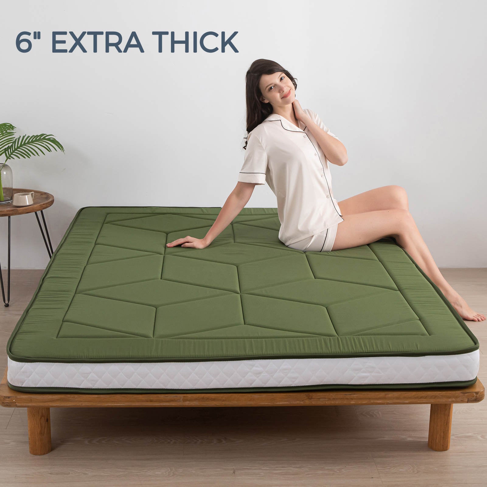 MAXYOYO 6-Inch Extra Thick Japanese Floor Futon Mattress - Premium Diamond Quilting Design for Bedroom, Guest Room & Small Spaces - Green (Queen Size) | Ideal for Apartments, Dorms, Sleepovers & Minimalist Living
