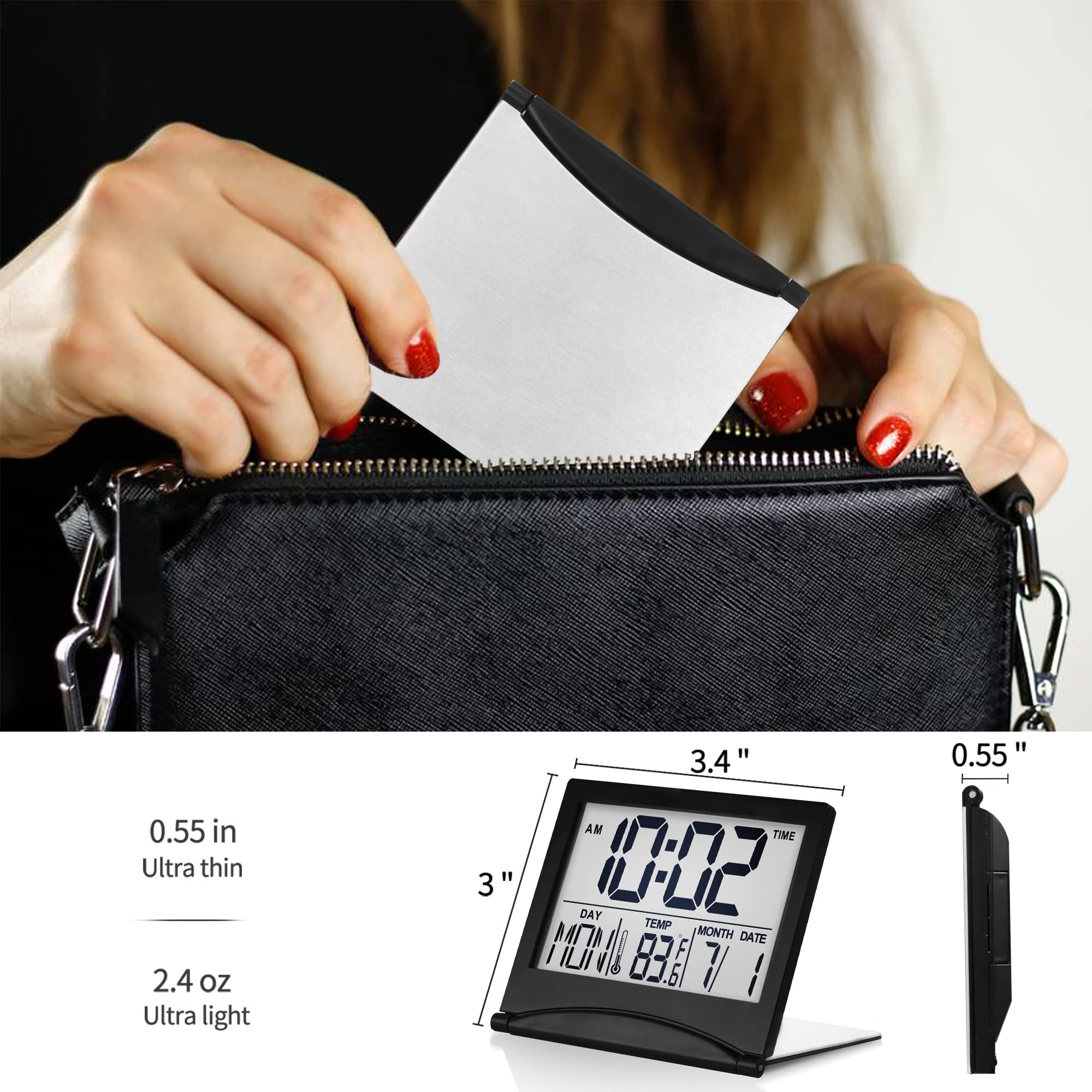 Betus Digital Travel Alarm Clock - Foldable LCD Desk Clock with Calendar, Temperature & Timer, Snooze Mode - Large Display Battery Operated Compact Clock for Home, Office, Travel (Black) - Perfect for Bedrooms, Dorms, Nightstands & Luggage