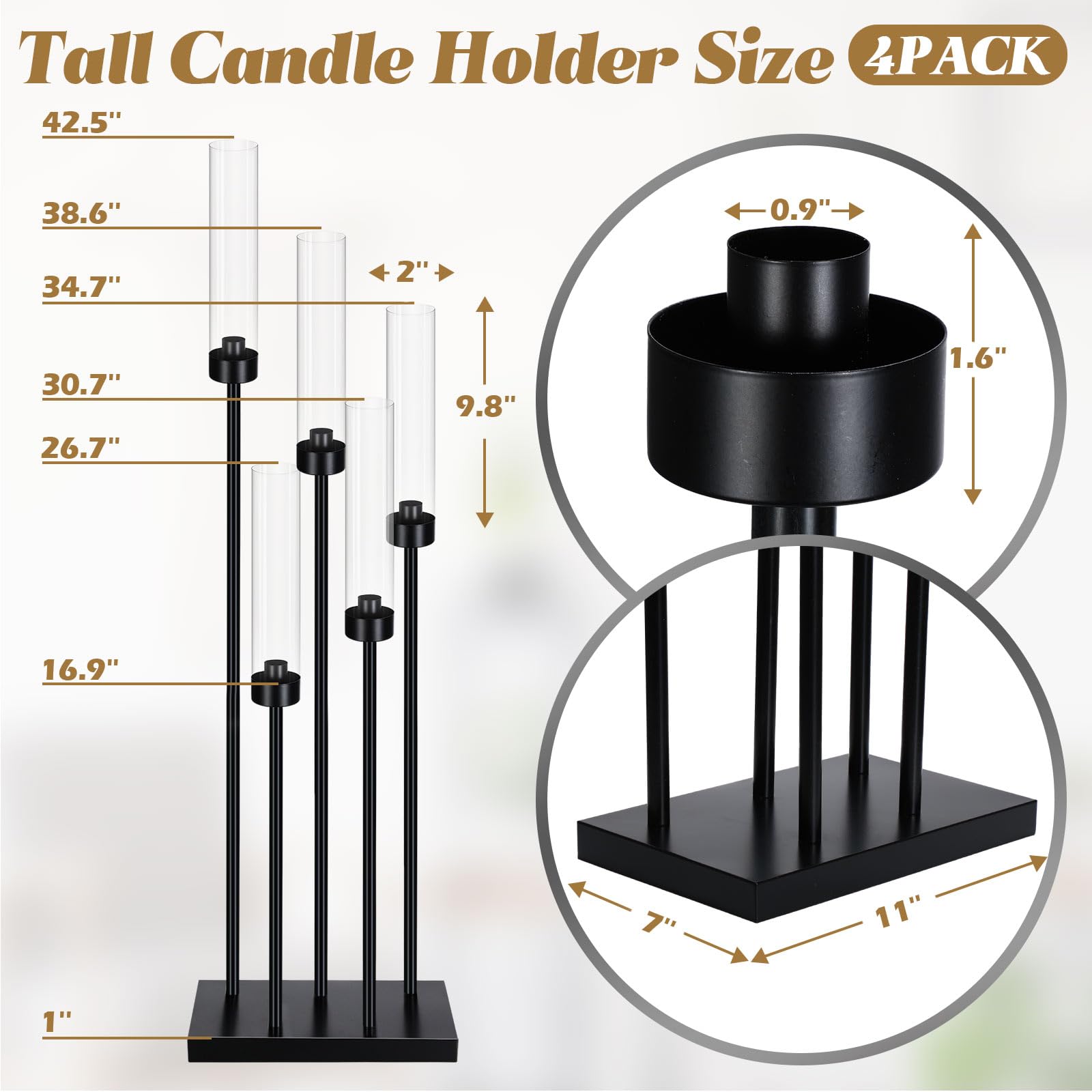 5-Arm Tall Metal Candle Holder Set of 4 - 42.5