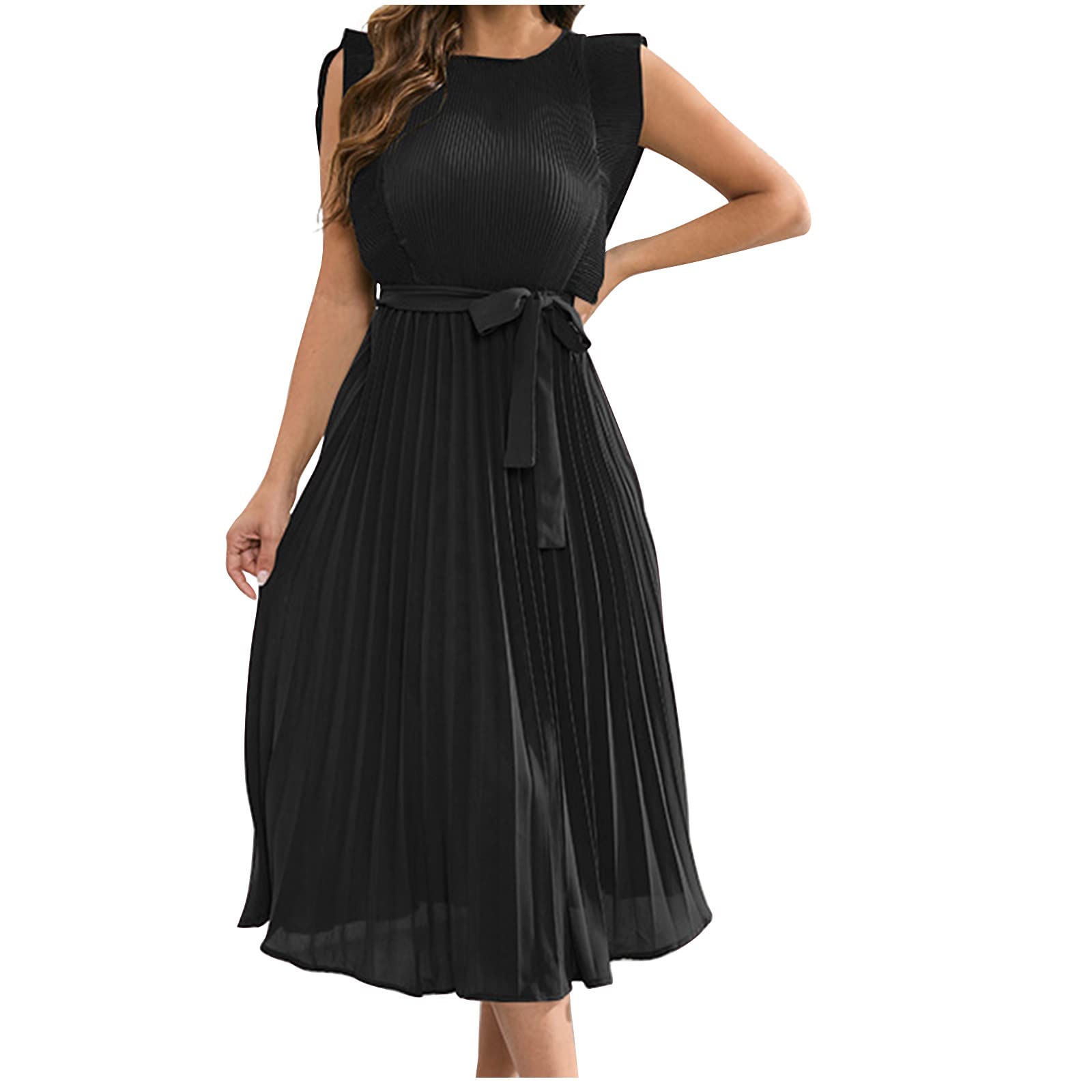 YZHM Women's Sleeveless Pleated Flowy Midi Dress - Tie Waist Cocktail Dress for Wedding Guest, Summer Party & Special Occasions | Elegant Formal Dress for Evening Events, Bridal Shower & Date Night
