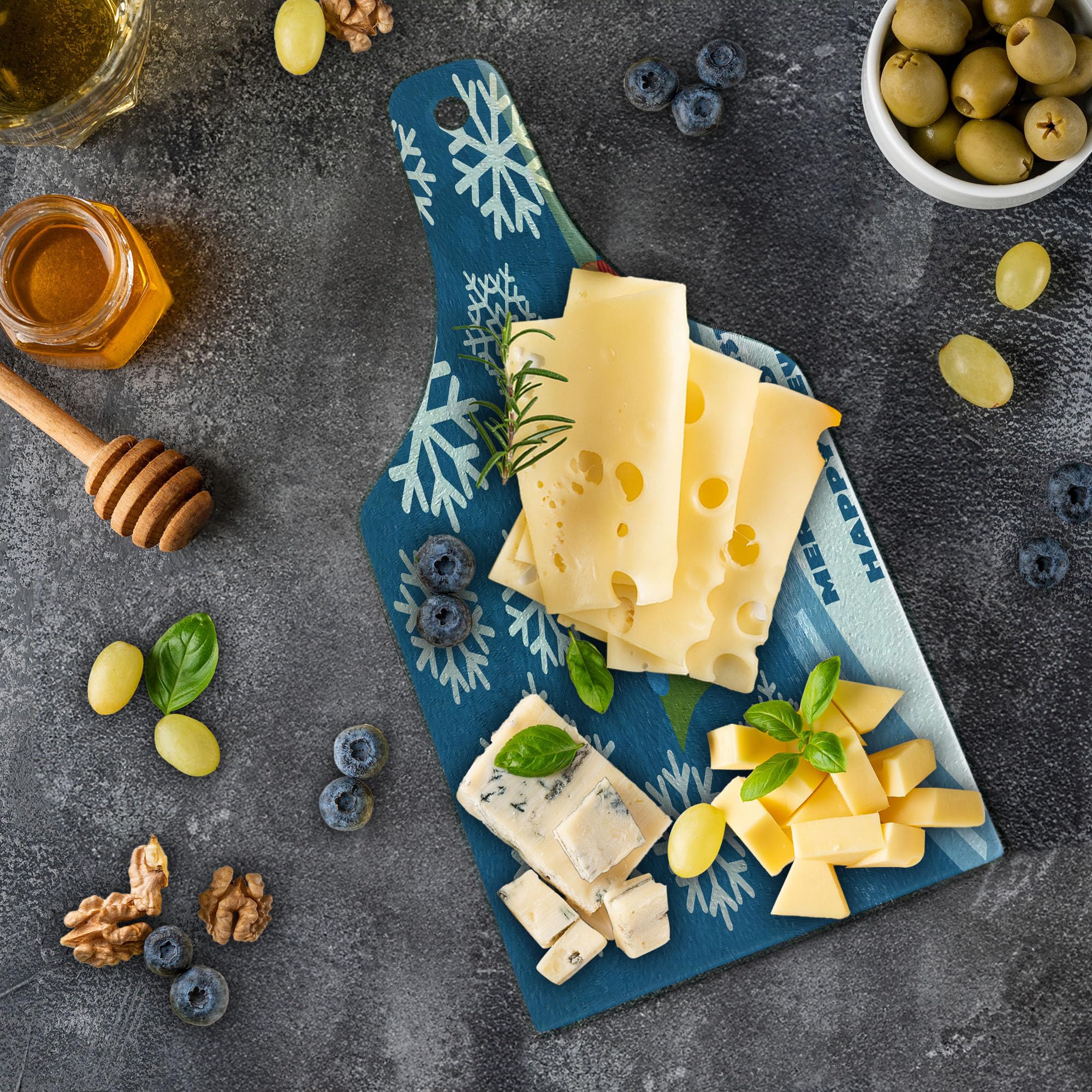 Ambesonne Christmas Themed Tempered Glass Cutting Board - Holiday Truck with Gift Boxes, Tree & Snowflakes Design - Decorative Serving Board for Cheese, Charcuterie & Wine (Blue, Red, White) - Perfect for Holiday Parties, Gift Giving & Festive Kitchen Decor