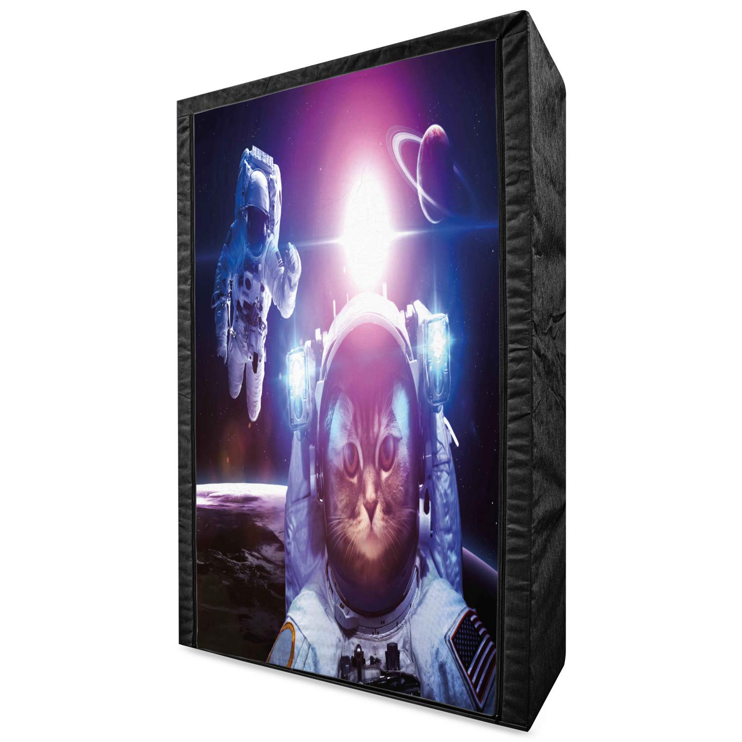 Ambesonne Space Cat Fabric Wardrobe - Astronaut & Nebula Galaxy Print with Saturn Eclipse, 42.5 Inch Portable Clothing Organizer with Shelves, Dark Blue Purple Storage Closet for Bedroom, Dorm, or Kids Room